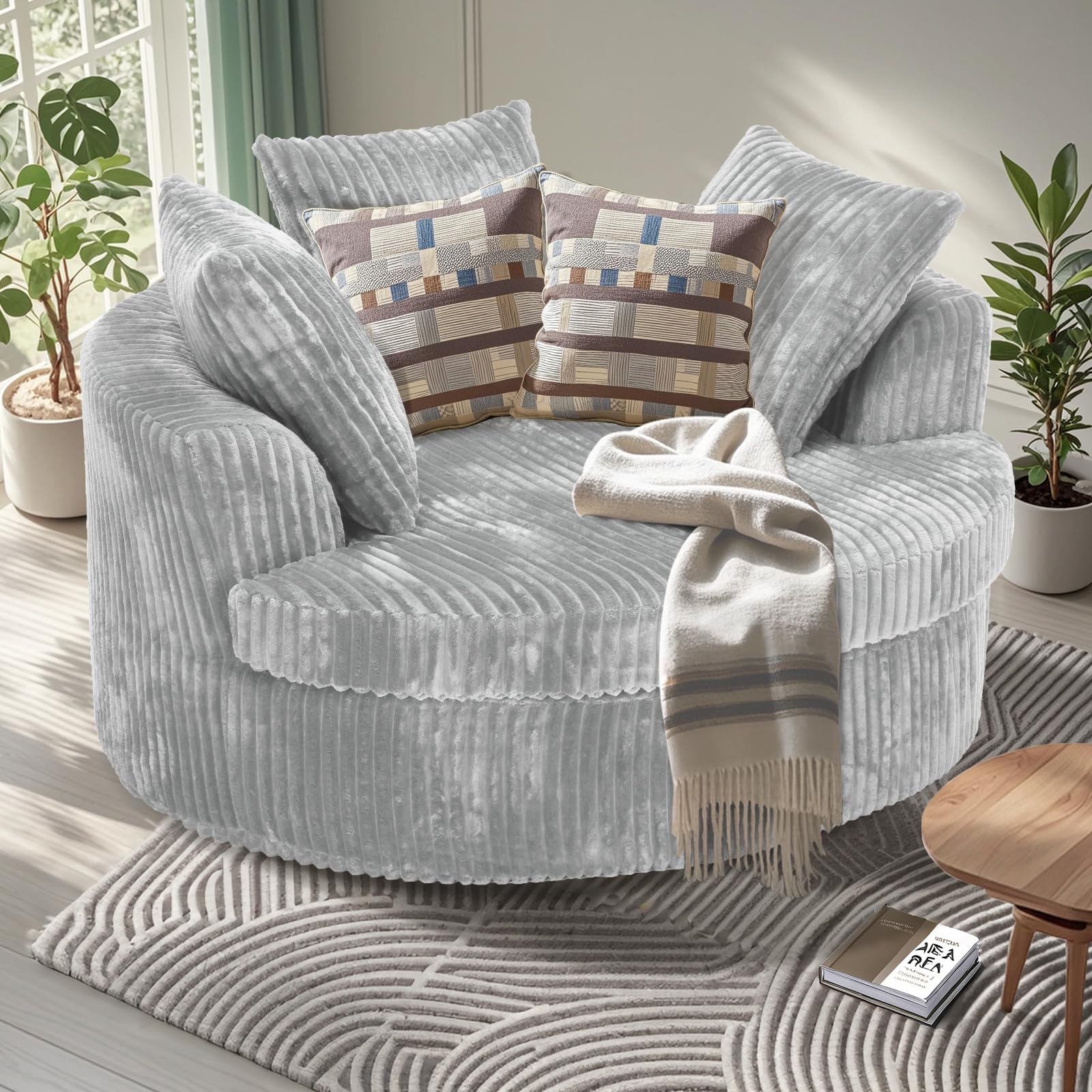 59" Oversized Round Chaise Lounge Chair Indoor with Throw Pillows
