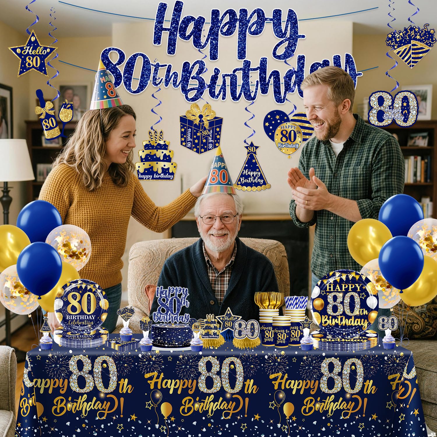 Juego de vajilla de 80 cumpleaños para hombres, decoraciones de 80 cumpleaños para hombres con platos y servilletas de 80 cumpleaños, decoraciones de cumpleaños 80 para hombres, sirve para 25