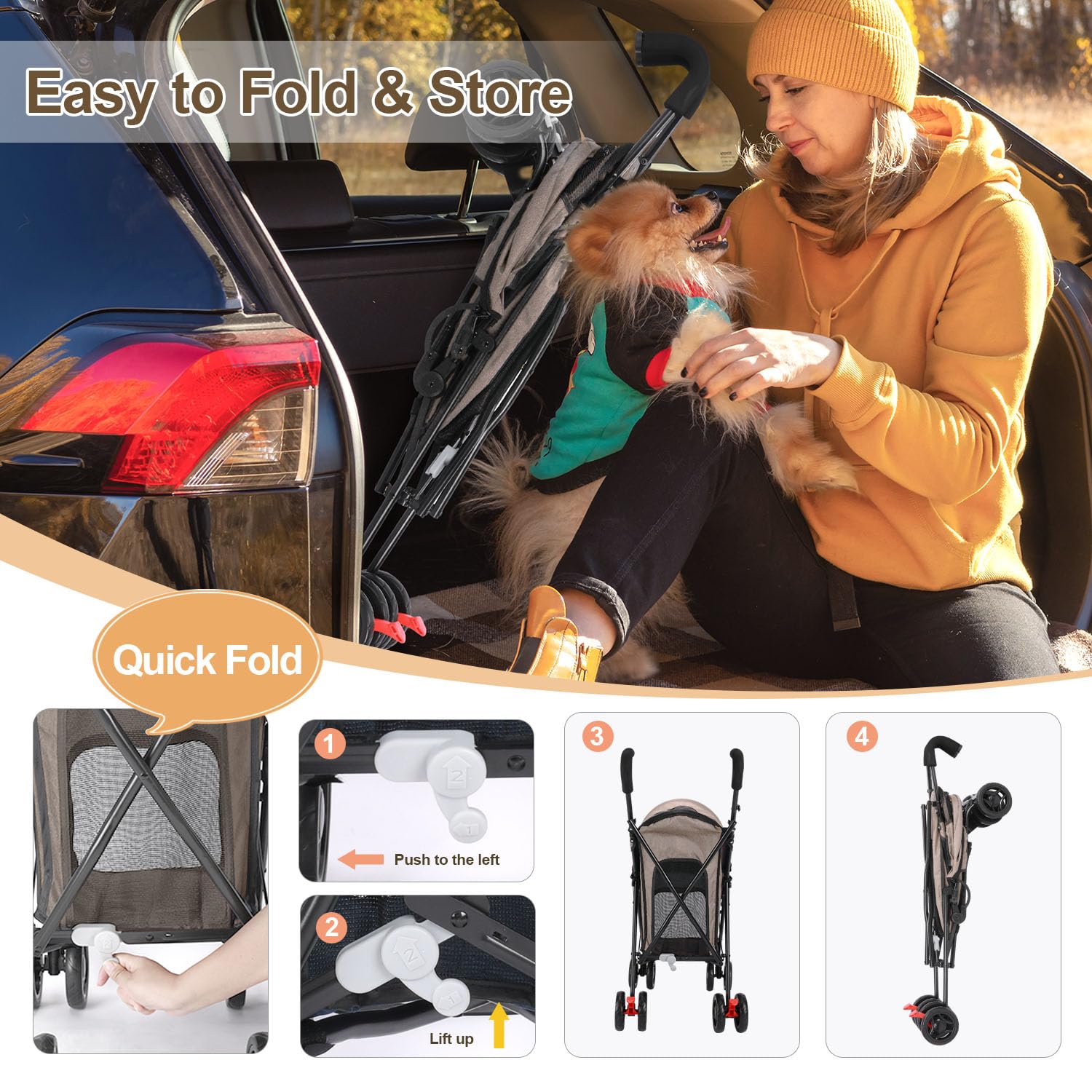 Poussette pour chiens de taille moyenne, poussette pliable pour chiots de petite taille jusqu'à 15 kg, 4 roues avec porte-gobelet, roues avant rotatives à 360° pour promenade en plein air