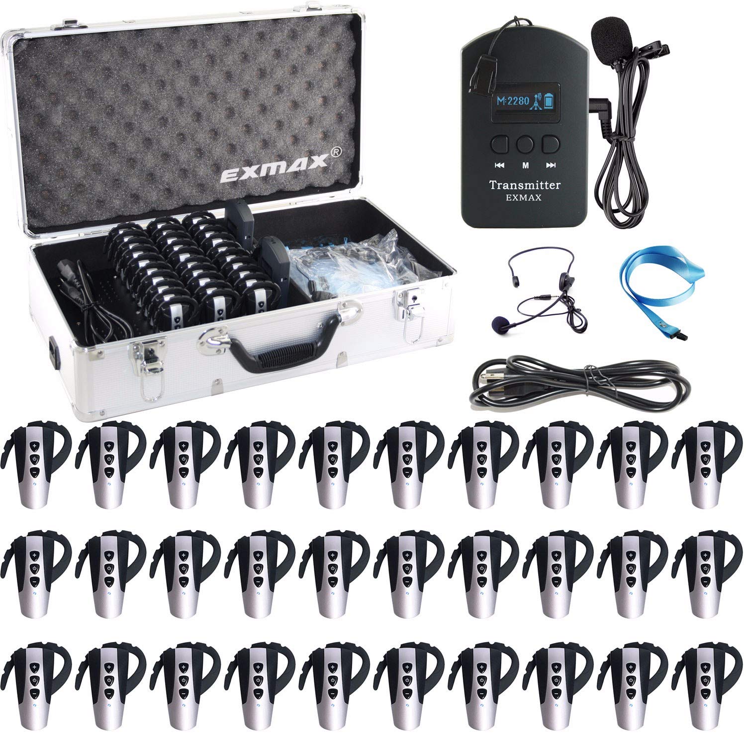 EXMAX EXD-6824 2.4GHz Wireless Audio Voice Transmission System Church Translation Equipment up to 1-150 Talking Range for Conference,Exhibition - 1 Transmitter & 30 Receivers & 32-slot Charging Case