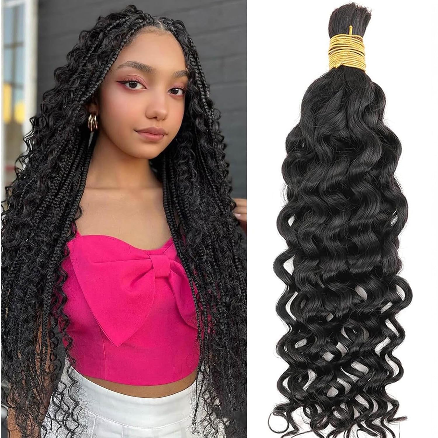 Human Braiding Hair Water Wave Human Hair Brazilian Curly Boho Hair for Braiding No Weft for Boho Braids Human Hair Natural color Wet and Wavy for Extensions Knotless Braids (20 inch/50g)