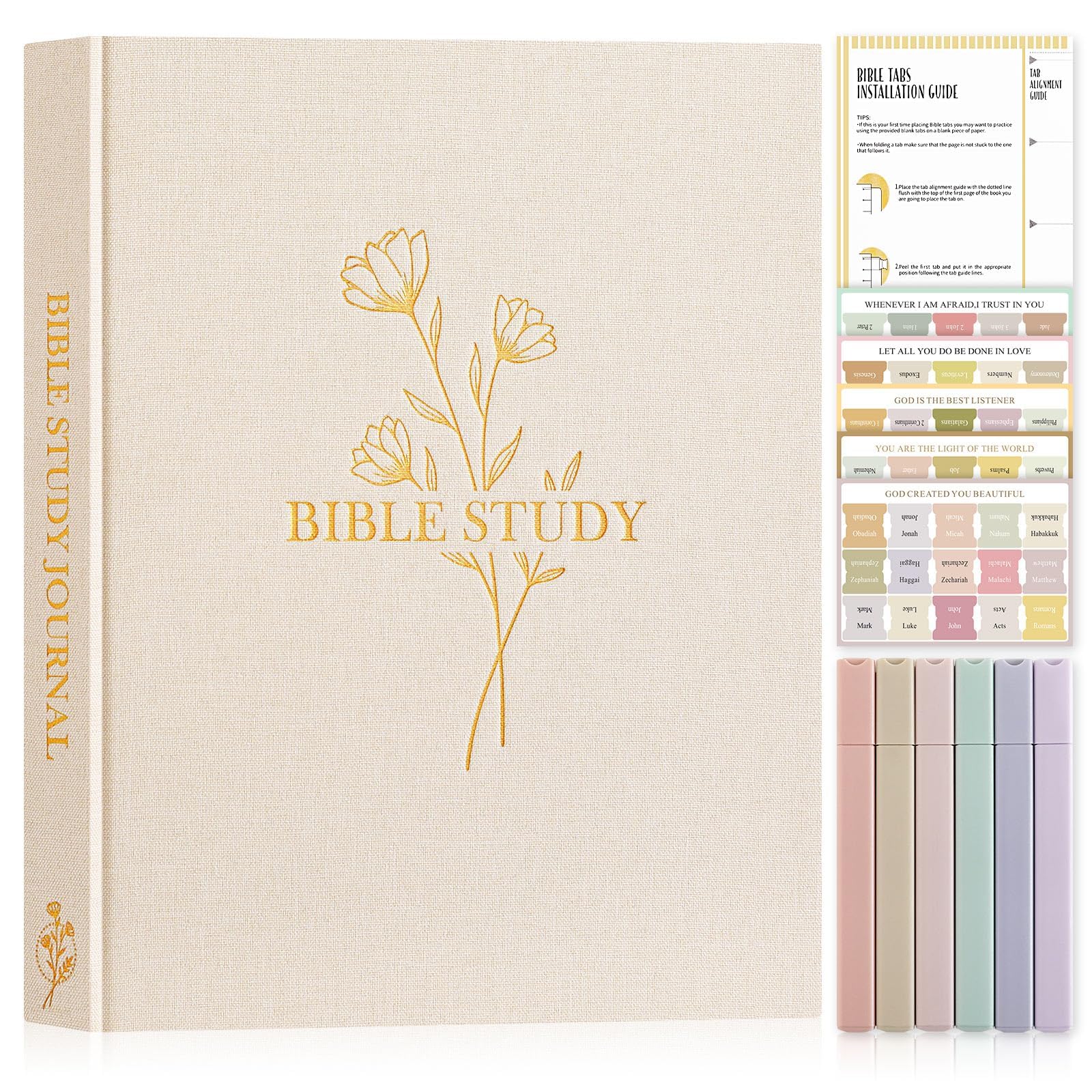 Lanpn Bible Study Journals for Women with Tabs & Highlighters, Church Notes Taking Daily Devotional Journaling, Linen Bible Prayer Guide Notebook Christian Religious Faith Based Gifts, Beige