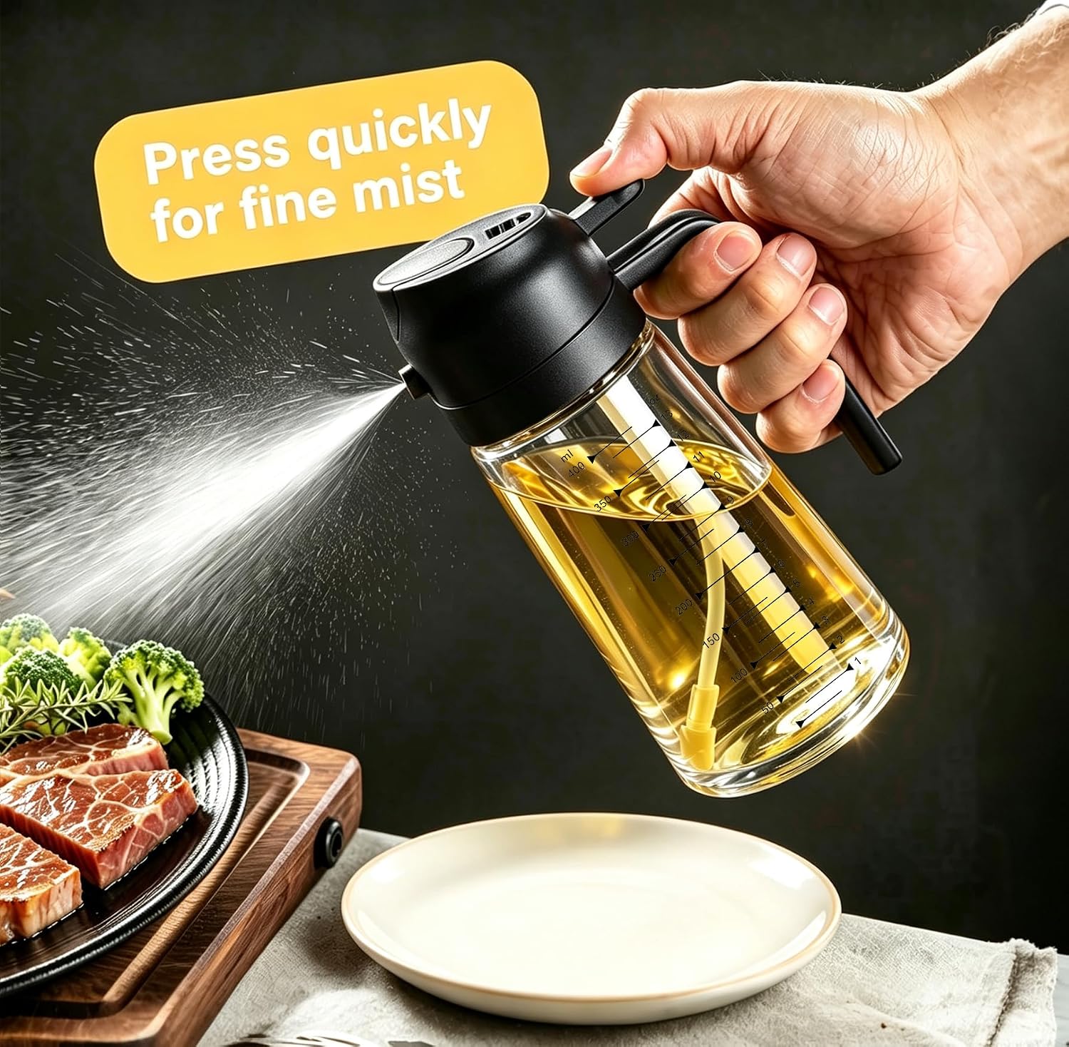 AT-VALY 16oz 2‑in‑1 Oil Sprayer for Cooking Oil Dispenser Bottle, Black