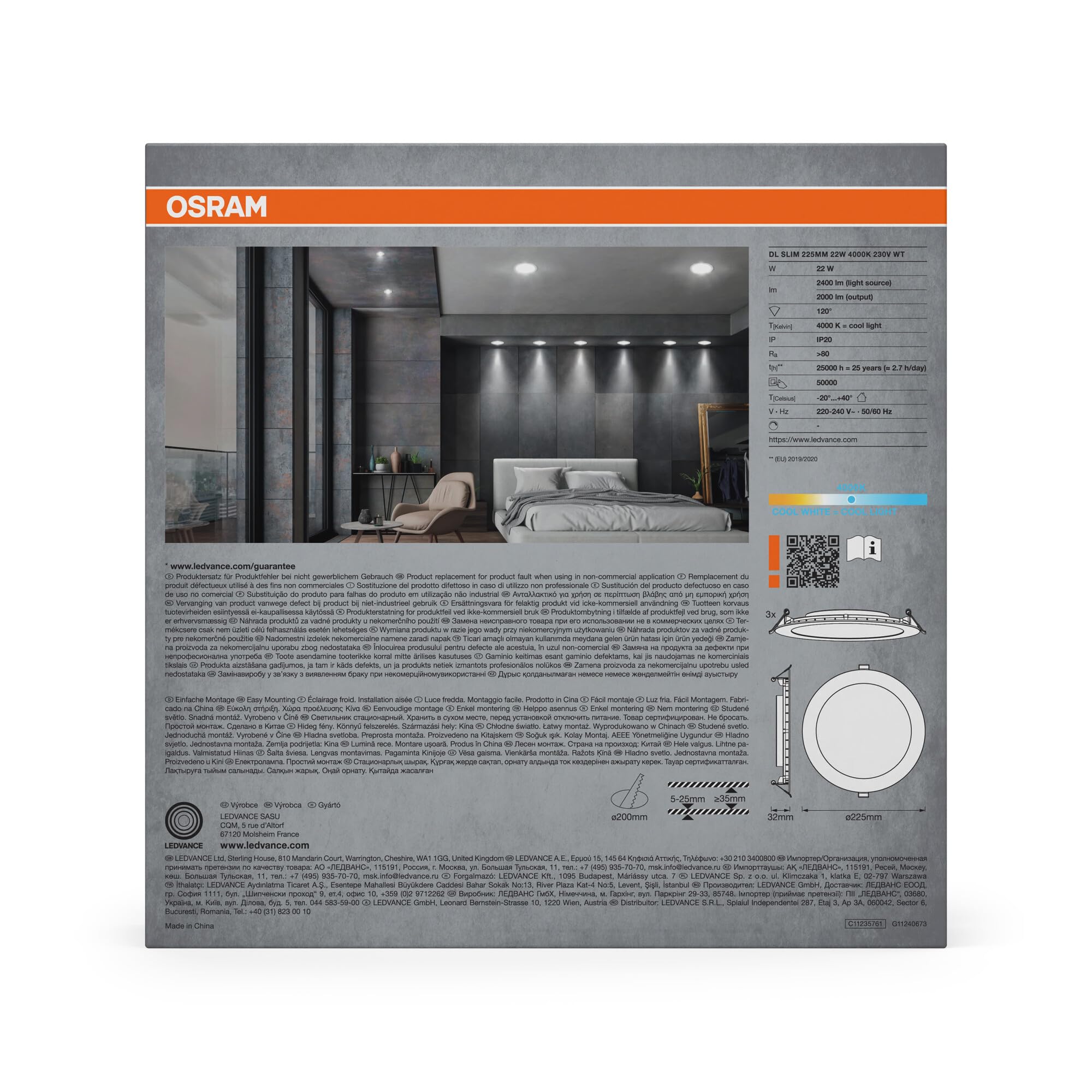 OSRAM Foco empotrable LED Essential Slim 225 mm 22 W 4000 K Blanco | LED spot and downlight recess slim, Spot lights and ceiling spots, Blanco, 225 mm dia, 25000 h, Paquete de 3