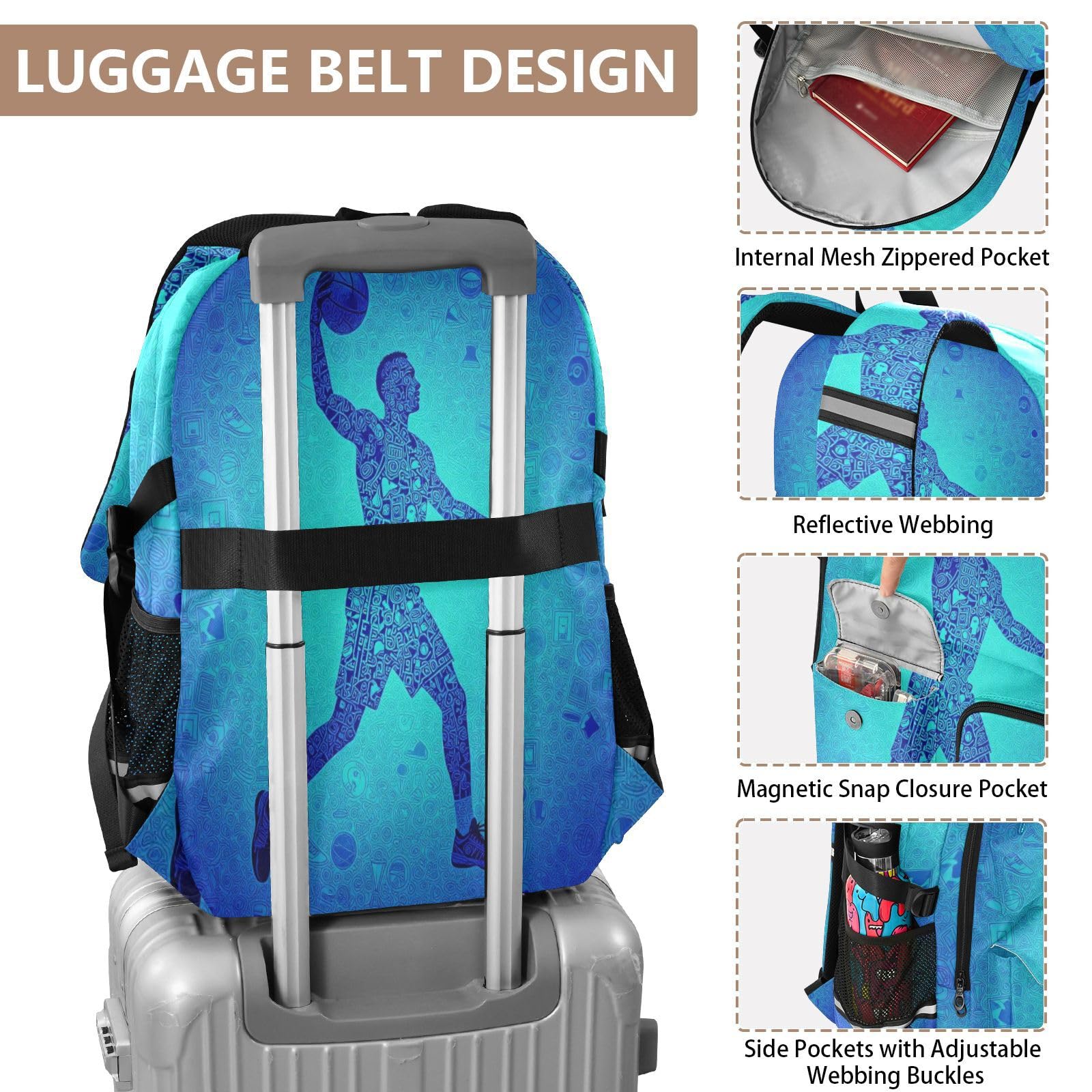 Zaino da viaggio per computer portatile, da basket, per ragazzi e uomini, colore blu, 44,5 cm