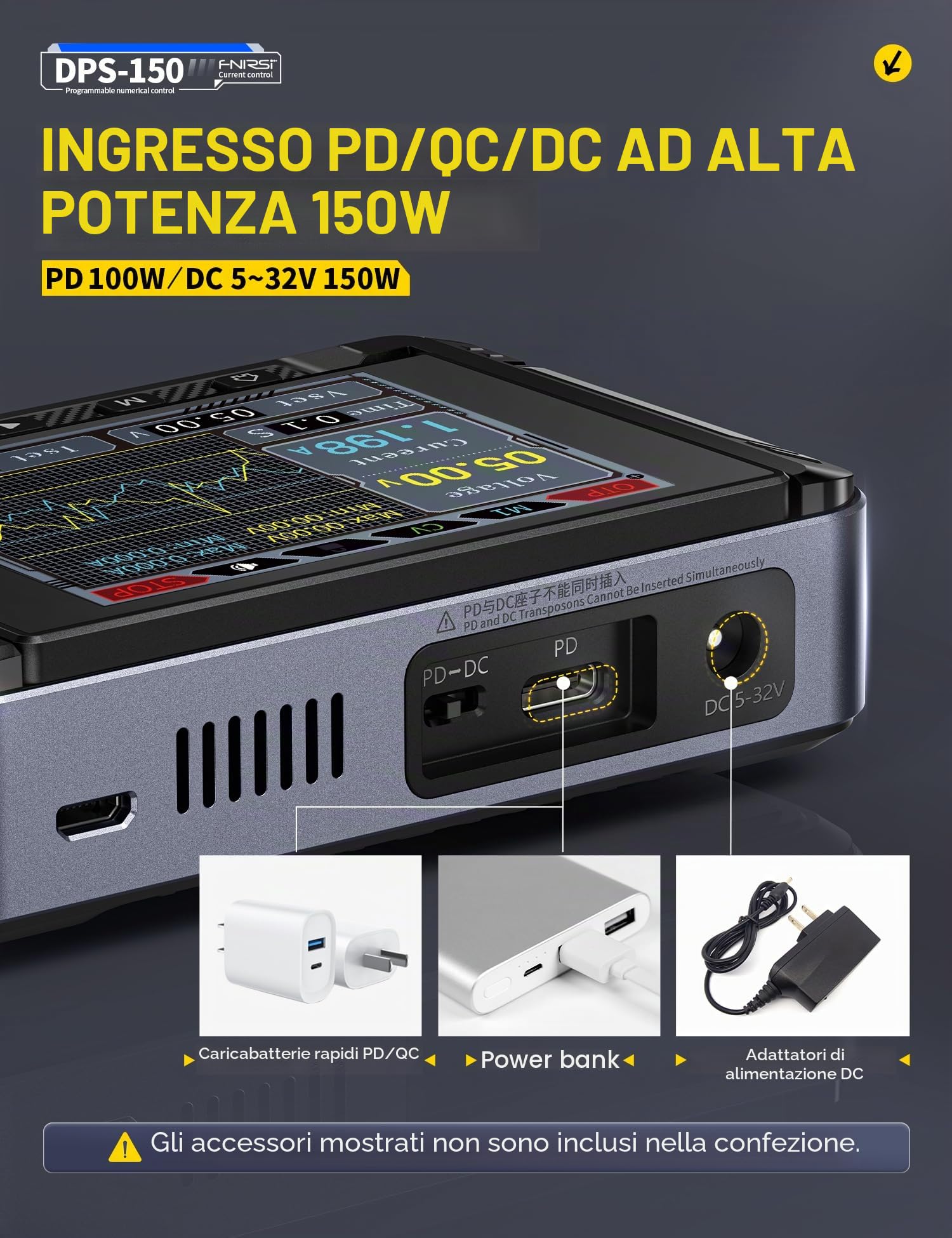 FNIRSI Alimentatore DC DPS-150 variabile, alimentatore CNC DC regolabile 30V 5A con display IPS a 4 cifre, ondulazione di alimentazione <20mV, ingresso PD/QC/DC, alimentatore switching programmabile