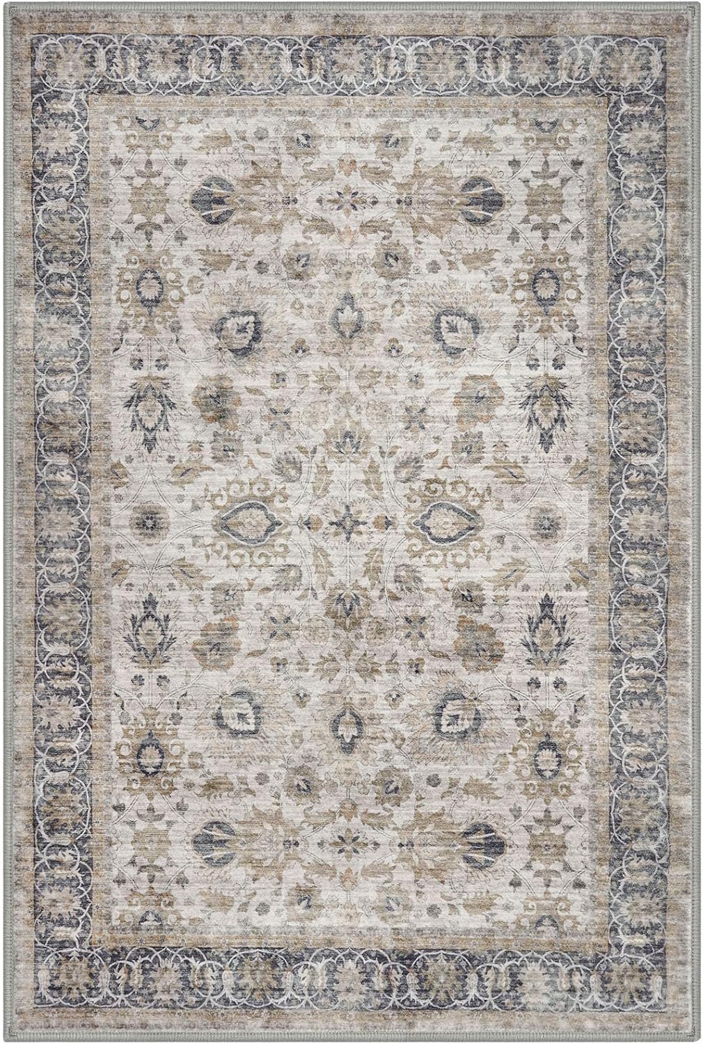 KOZYFLY Floral Entryway Rug 2x3, Washable Door Mat Indoor Entrance Non-Slip Soft Small Area Rug, Beige Vintage Floral Rubber Backed Throw Rugs Faux Wool Doormat for Bedside Kitchen Sink