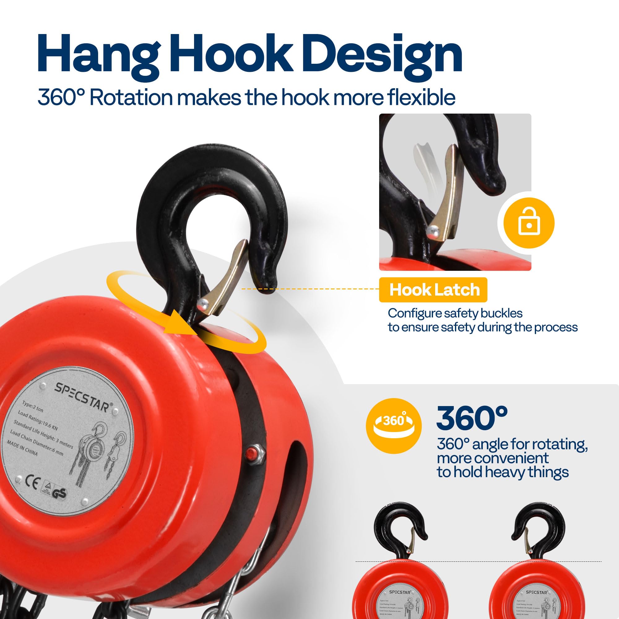 SPECSTAR Hand Chain Hoist with 2 Heavy Duty Hooks Ręczny Wciągnik łańcuchowy Udźwig 2000 kg Wciągarka o Wysokości Podnoszenia 3 m, Wciągarka Ręczna z Hakiem Obrotowym o 360°