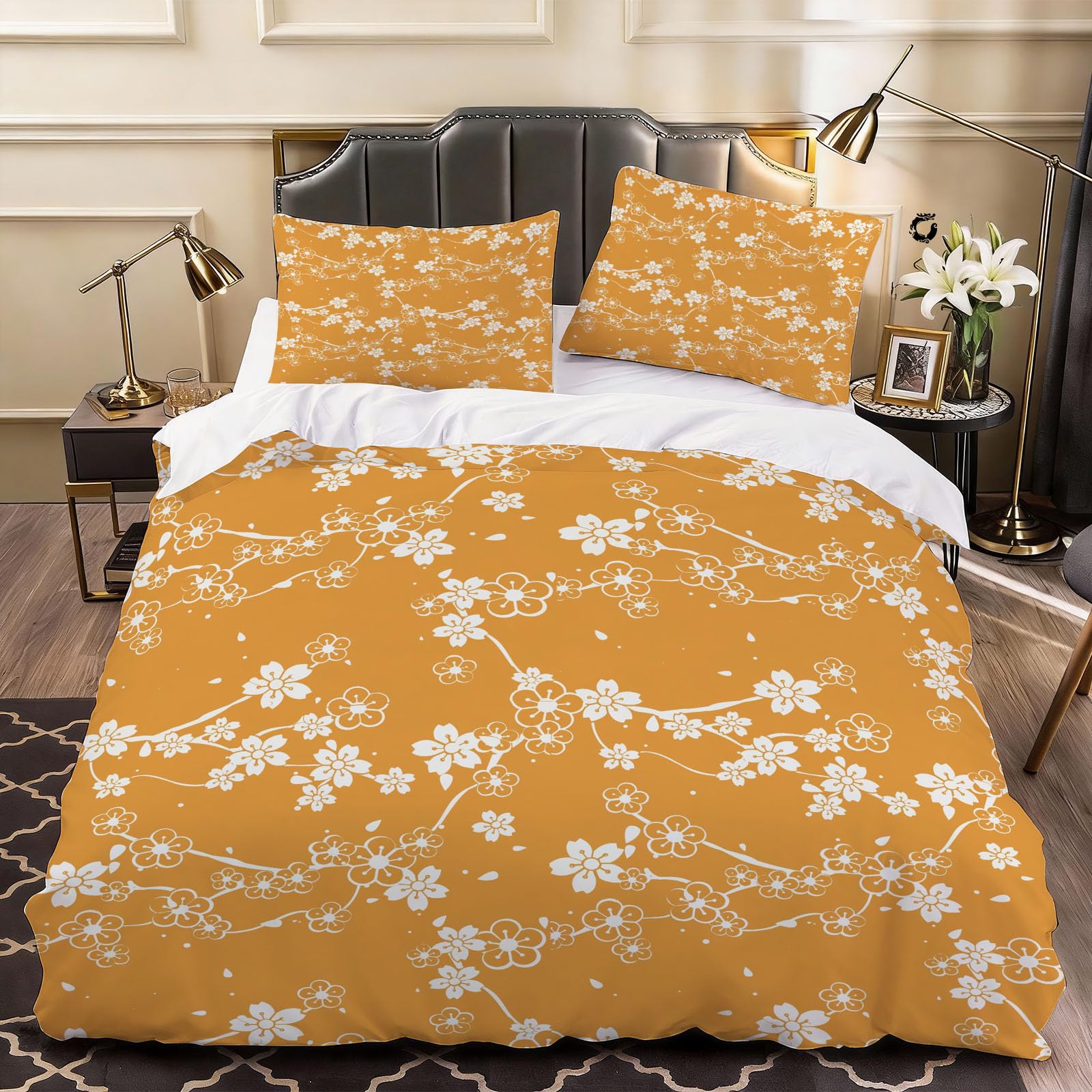 3D Pattern Plum Duvet Cover Simple Bedding Super King Bed Set, Soft Microfiber Comforter Cover Printed with Zipper Closure Quilt Coverr 260x220 cm and 2 Pillowcases
