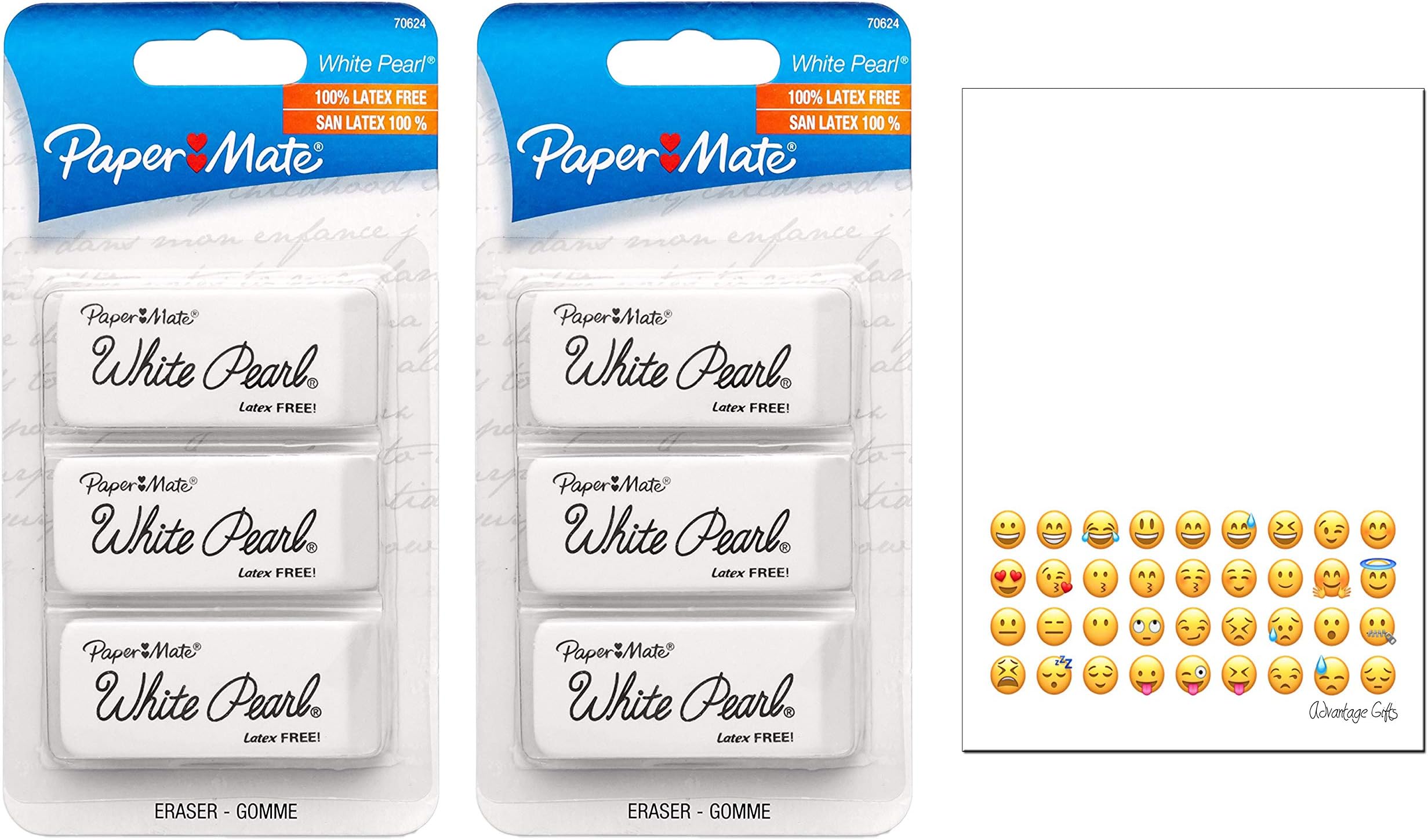 Paper Mate White Pearl Erasers, Large, 6 Count, Bundle With Emoji Printed Notepad From