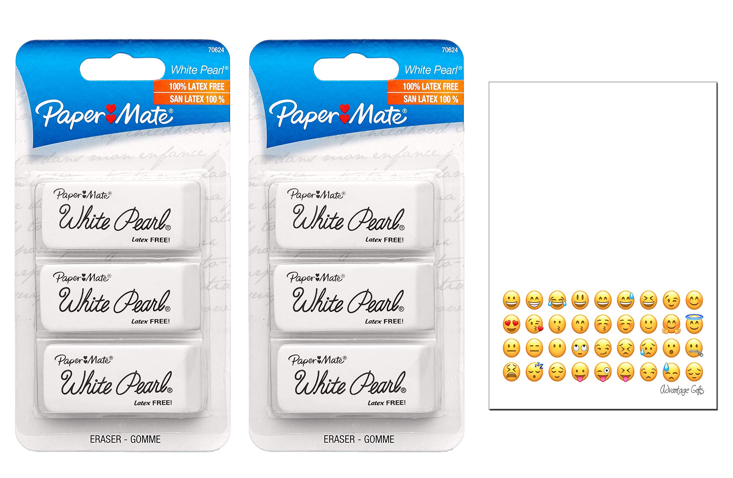 Paper Mate White Pearl Erasers, Large, 6 Count, Bundle With Emoji Printed Notepad From