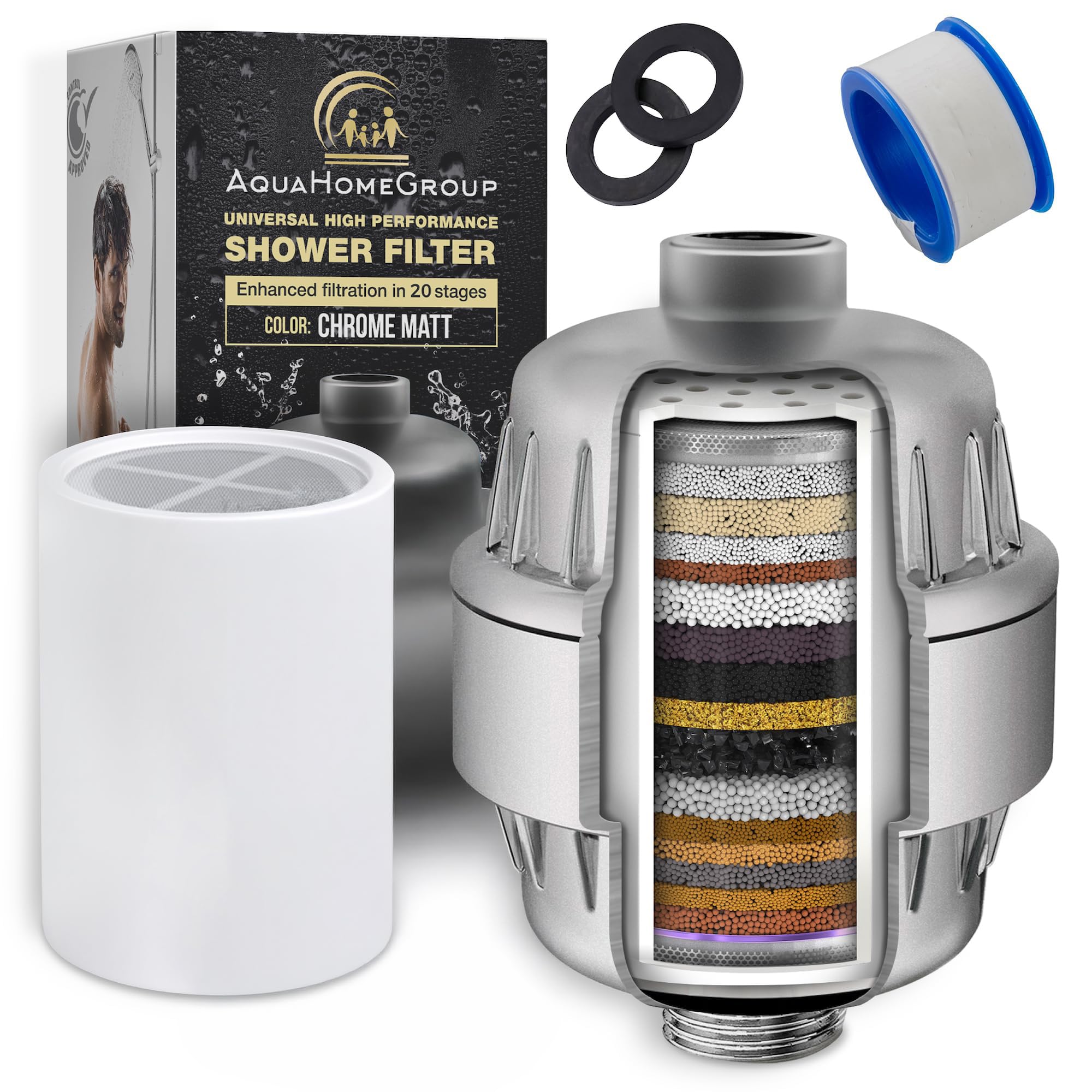 AquaHomeGroup 20-Stage Shower Filter, Vitamin C and E, Matte Chrome