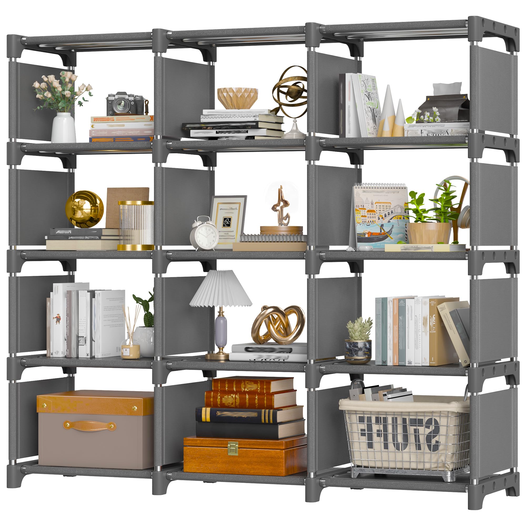 REIBII 12 Cube Storage Unit, Under Stairs Storage Cubes, Cube Shelf Storage for Bookcase Use, DIY, Living Room Display, Grey