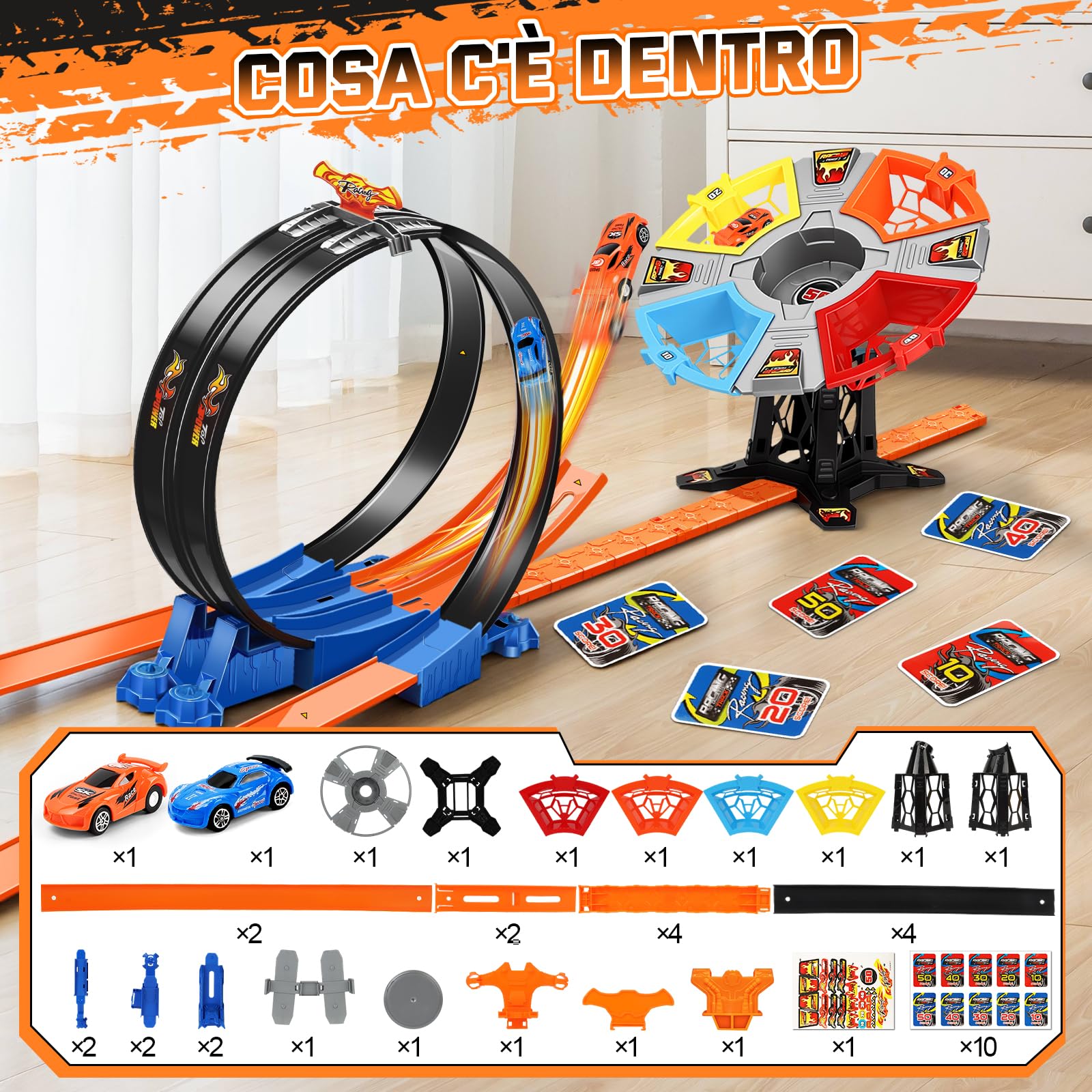 Charmofun Giocattolo Piste da Corsa, Circuito di Corse mit Pista Loop Rotante, Pista Slot per Bambini, Giocattolo da Corsa Regalo per Ragazzi 3 4 5 6+ anni