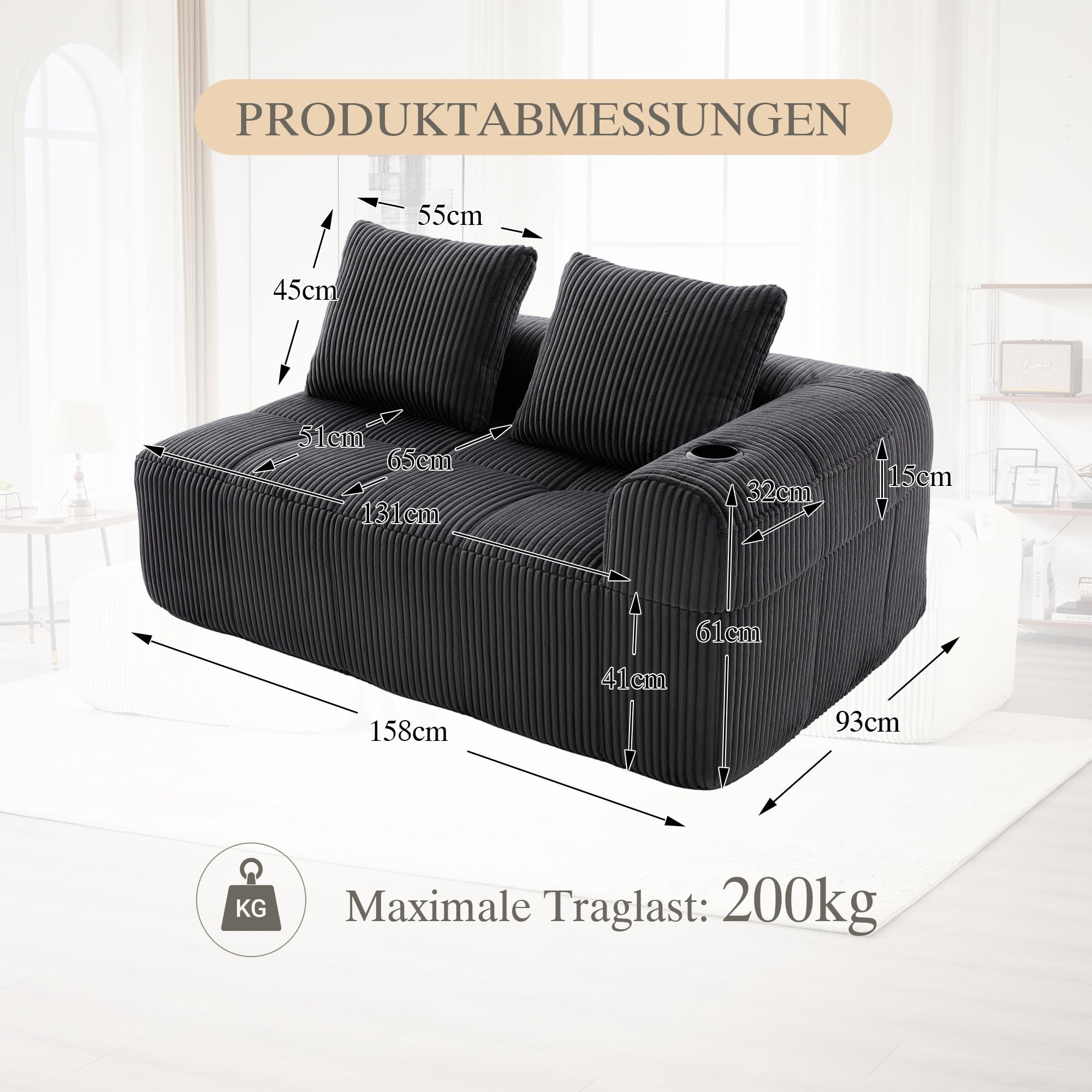 Sofa 2-osobowa, sztruksowa, rdzeń sprężynowy, uchwyt na napoje, kieszeń