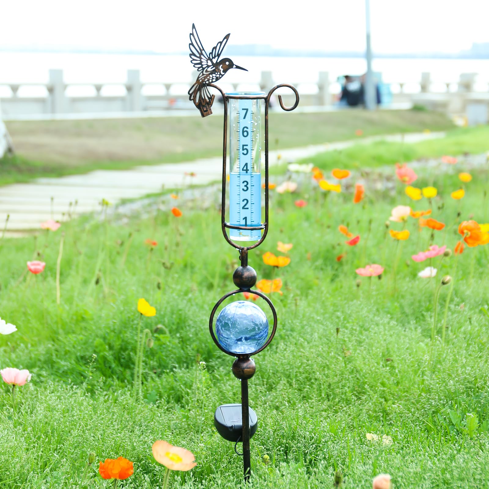 MUMTOP Pluviometro per esterni, 91,4 cm, in vetro craquelé, luci solari per prato, cortile e giardino