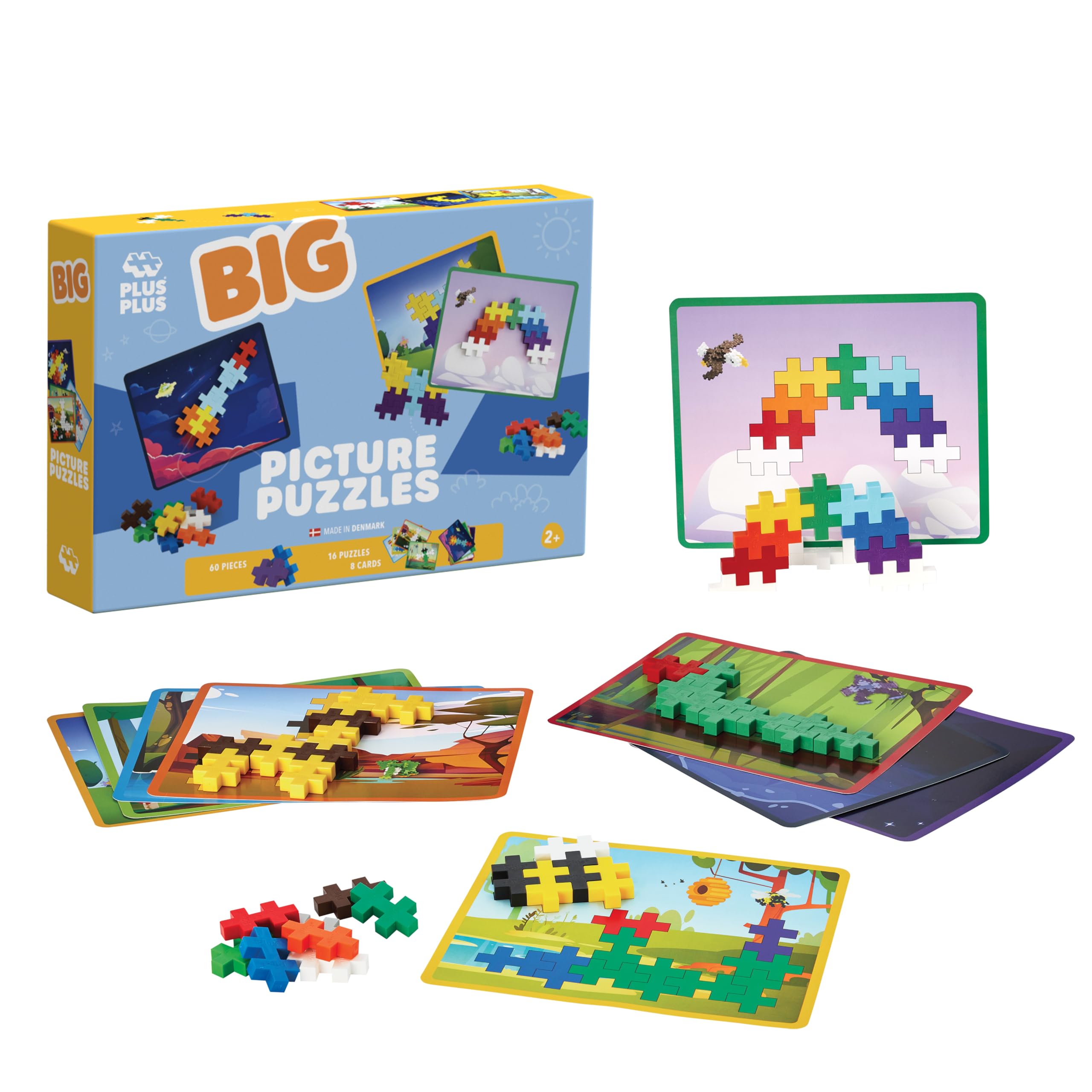 Plus Plus BIG Building Blocks Toy - 60 Large Durable Stacking Pieces & 8 Picture Build Cards, Kids Construction Toys & Preschool Learning Resources, Preschool Toddler Toys for 1-5 yrs, Picture Puzzle
