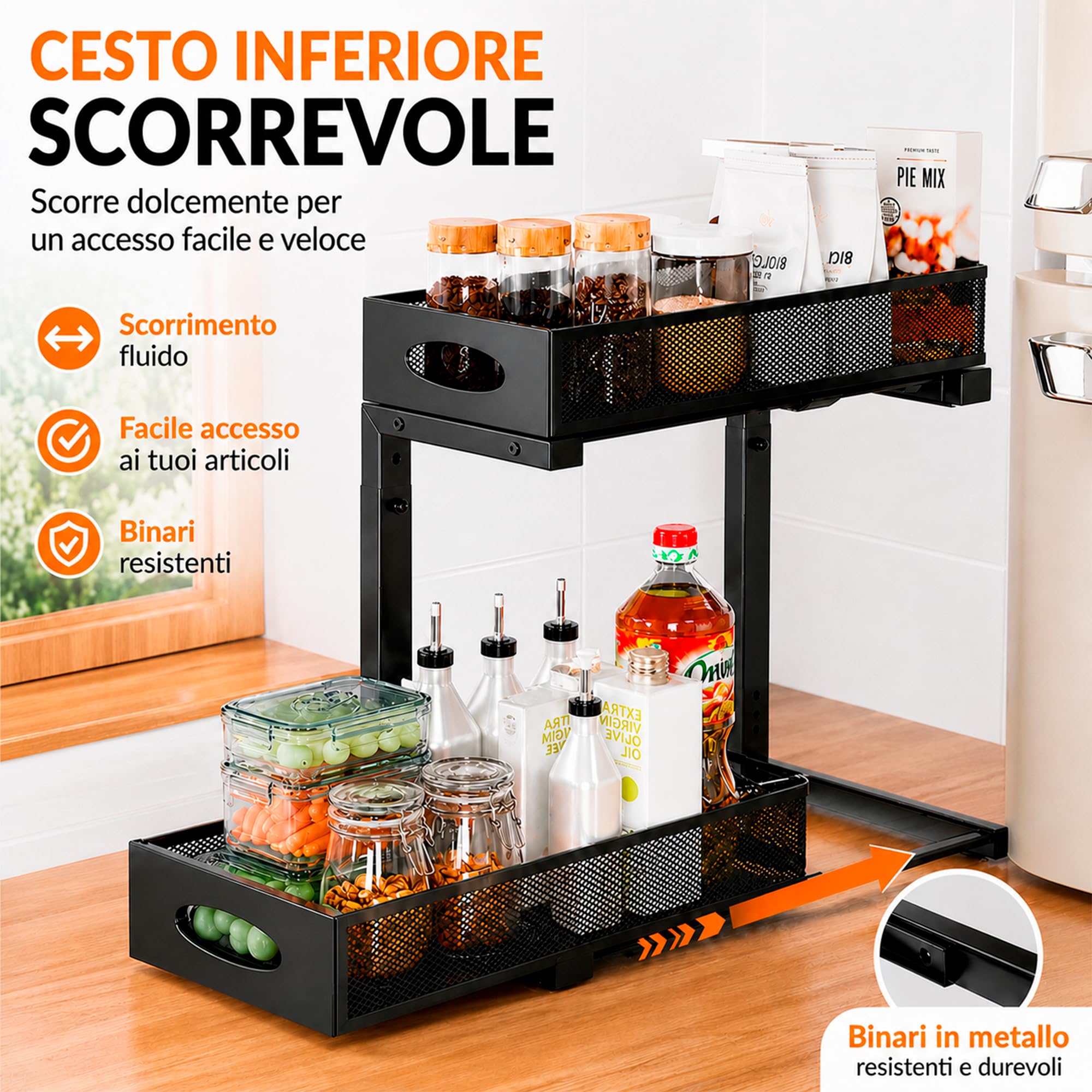 Organizzatore basso lavello per cucina o bagno - Organizer da cucina in metallo nero con doppia altezza e vassoi estraibili - Scaffale per riporre prodotti per la pulizia, dispensa e altro - Pack 2