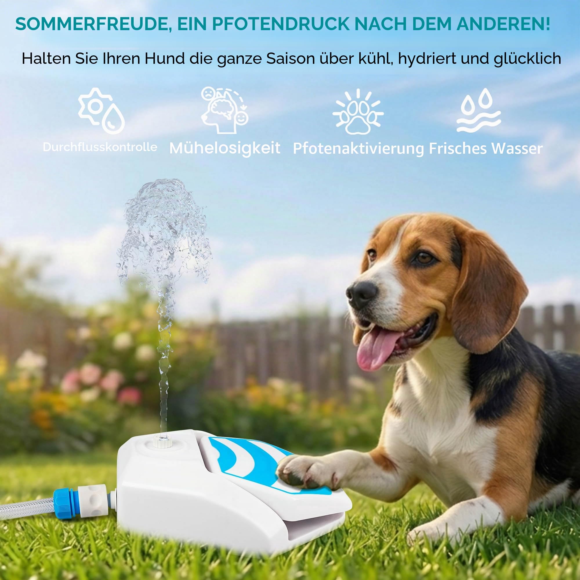 ALL FOR PAWS Hunde Trinkbrunnen Outdoor - Automatischer Wasserspender mit Sprinkler für Hunde, Hydration Station mit Kühlfunktion, Gartenspielzeug mit Schlauchanschluss (145cm), Neuversion