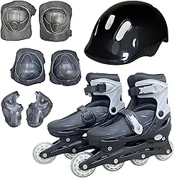 Kit Patins Roller In Line Ajustável com Capacete e Proteções, Preto e Cinza