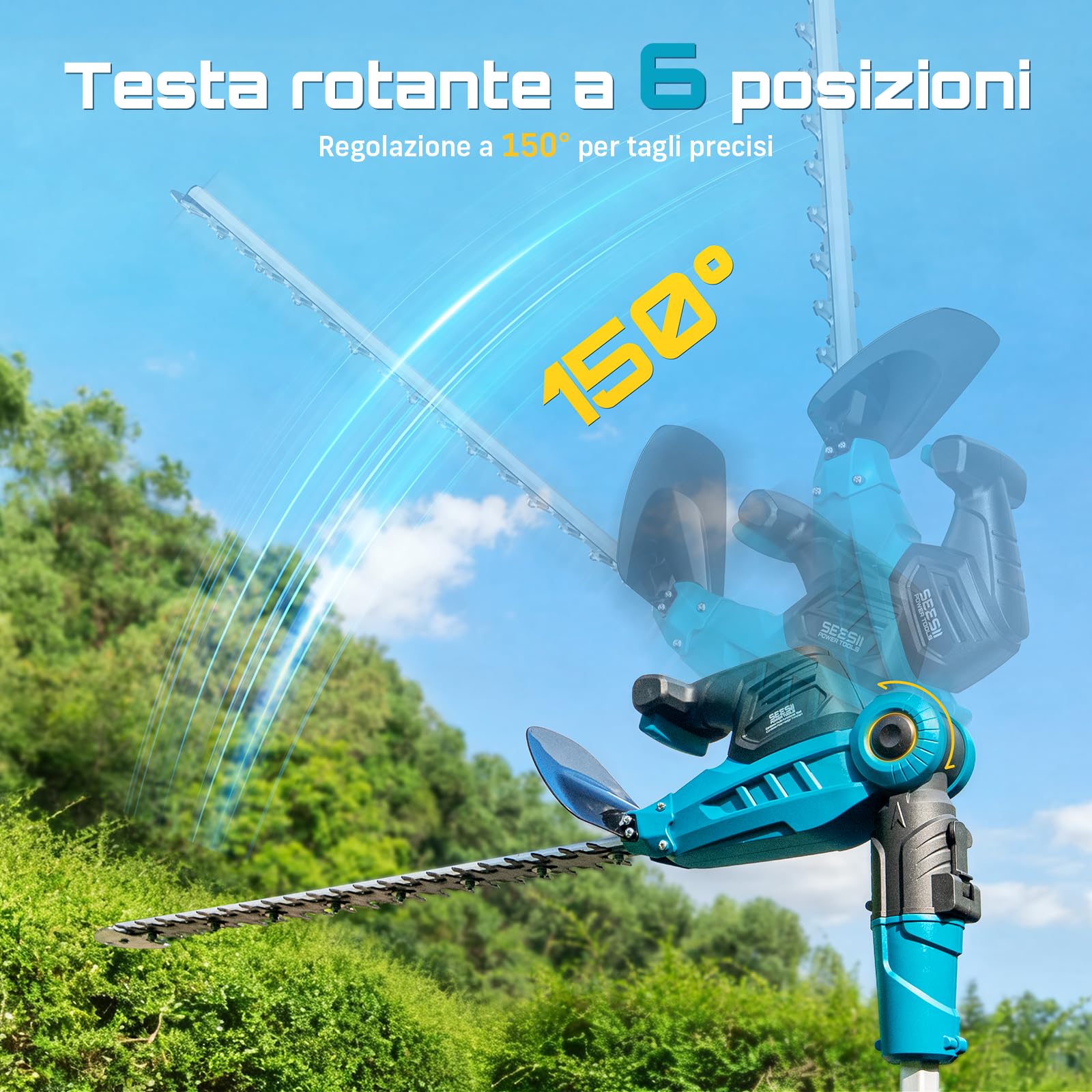 SEESII Tagliasiepi Telescopico a Batteria 2 in 1, Tagliasiepi a Batteria con Lama Doppia da 53 cm, Lunghezza Regolabile fino a 2,6 m, Taglio 18 mm, 2 Batterie 4,0Ah, per Siepi, Alberi e Arbusti