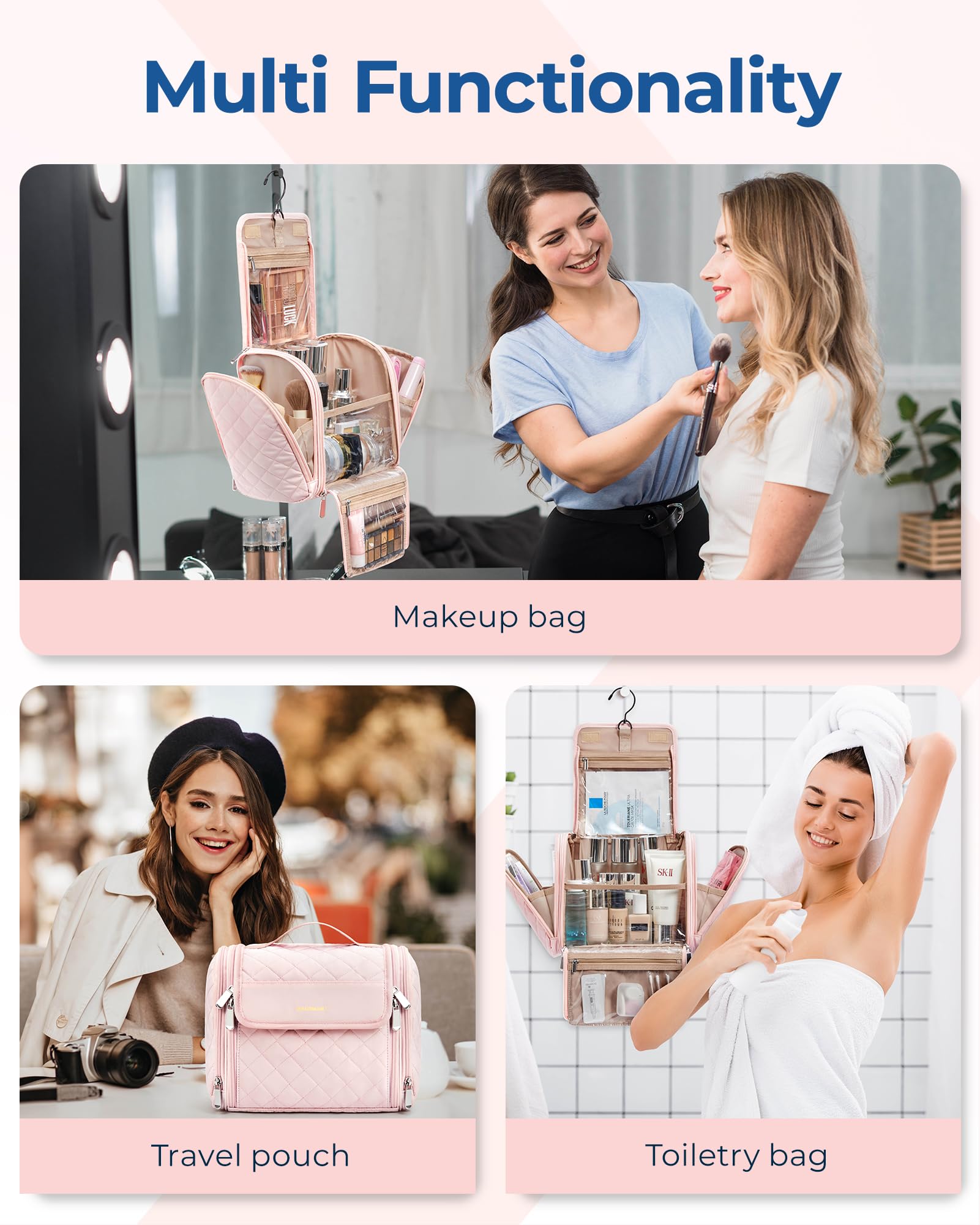 BAGSMART Podróżna torba na kosmetyki, wodoodporny organizer o dużej pojemności na przybory toaletowe, akcesoria, szczotki, gąbkę, z haczykiem i uchwytem do zawieszenia, Rosa