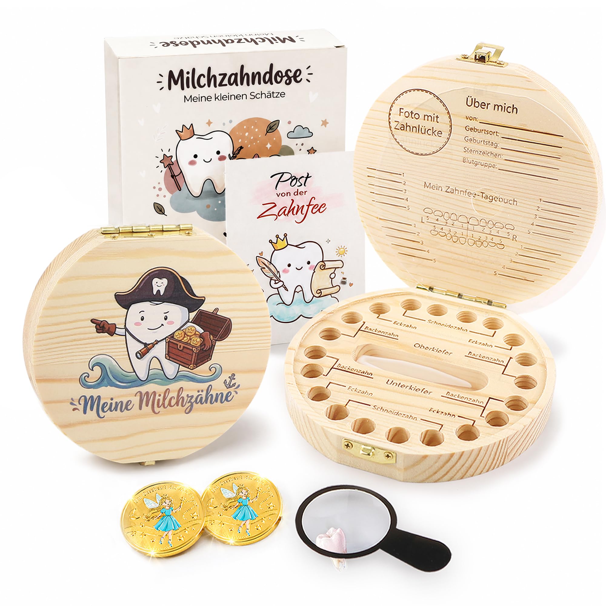 Gzxhsy Milchzahndose mit bunten Motiven für Jungen und Mädchen | Zahnfee Geschenk set mit 2 Münzen, Lupe & Brief | zahnbox für Milchzähne