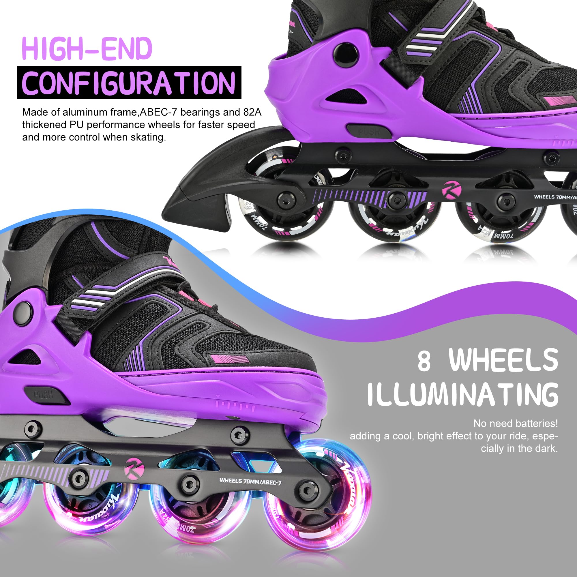 Kuxuan Skates Pattini regolabili in linea per ragazzi ragazze bambini con ruote luminose, pattini adolescenti per principianti donne