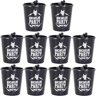 Brosash Bachelor Party Shot Glasses - Pack of 10 Black Plastic Groom & Groomsman Shot Glasses | Gold Text Bachelor Party Rock On! | Wedding Party Gifts for Groomsmen Proposal Gift Bachelorette Favor