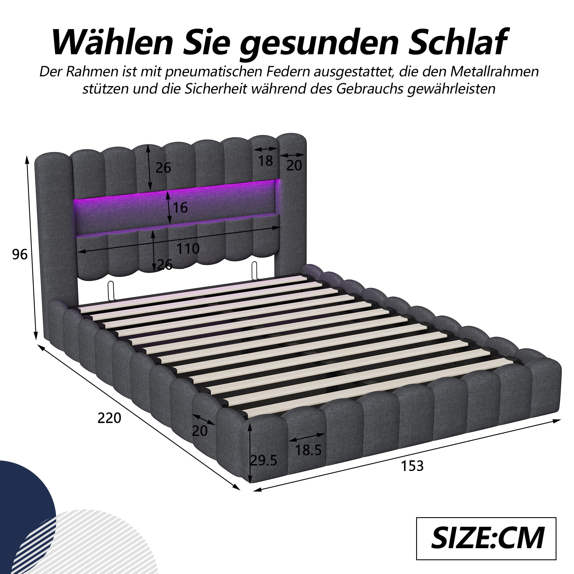 BRILVERDE Lit Coffre 140x200 cm,Tête de lit avec éclairage LED, Fonction de Chargement USB et de Rangement,Lit Double avec Rangement, sommier tapissier avec Rangement,Lin, sans Matelas(Gris, 140x200)
