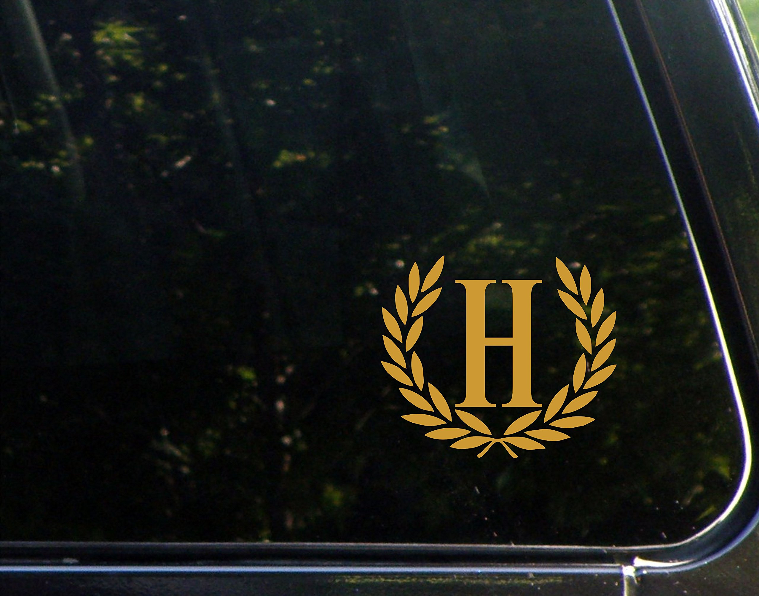 Letter H (Gold), Small Size, Decorative Monogram - 4-1/2" x 3-/4"- Vinyl Die Cut Decal/Bumper Sticker for Windows, Trucks, Cars, Laptops, Tumblers, Mailboxes, Glasses. Mugs, Etc.