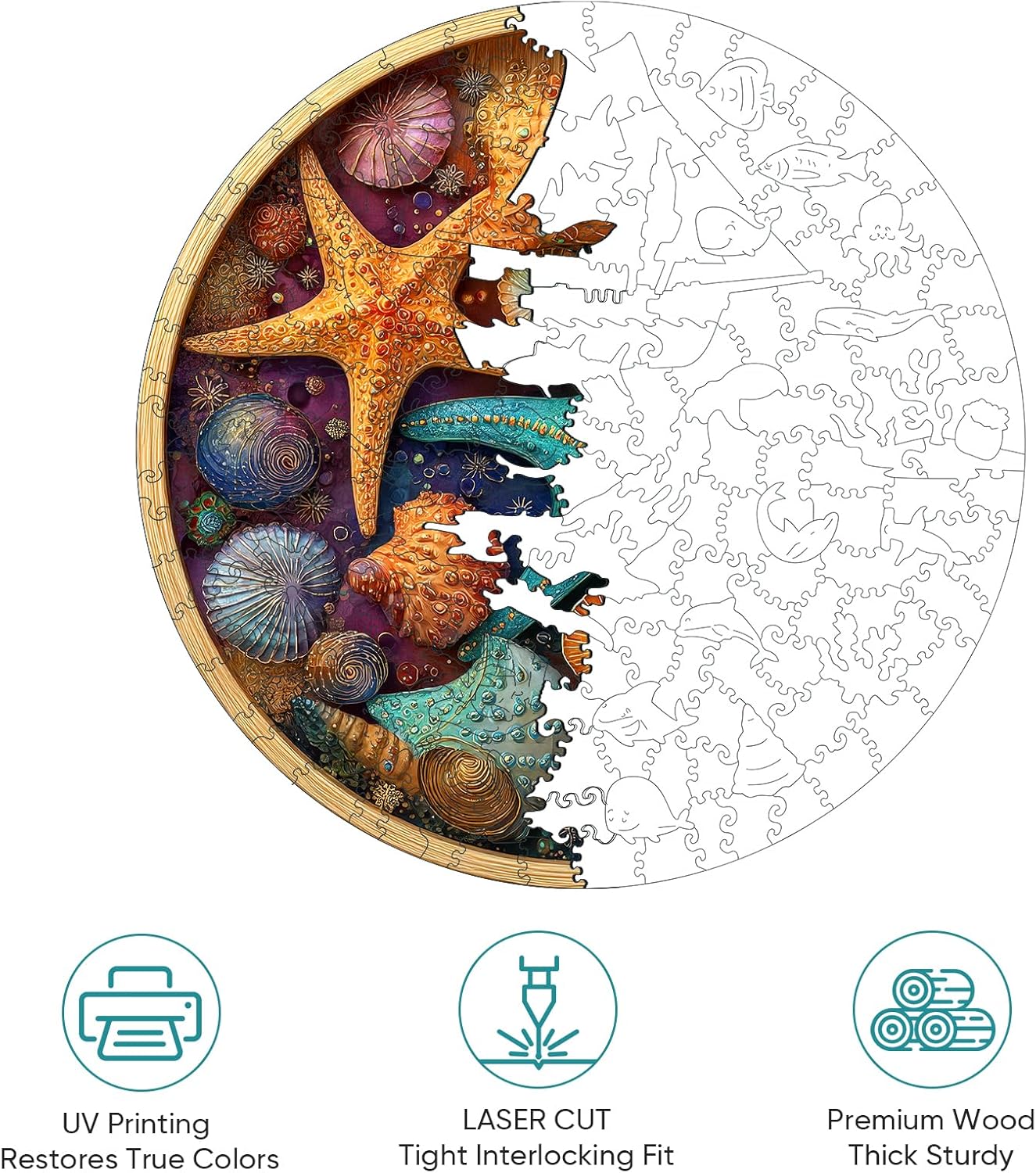 Mocfesk Wooden Puzzles for Adults, Shell Starfish Puzzles 200 Pieces, Unique Shaped Underwater Ocean Jigsaw Puzzles, Birthday Gifts Fun Family Game 11.2'' x 11.2''