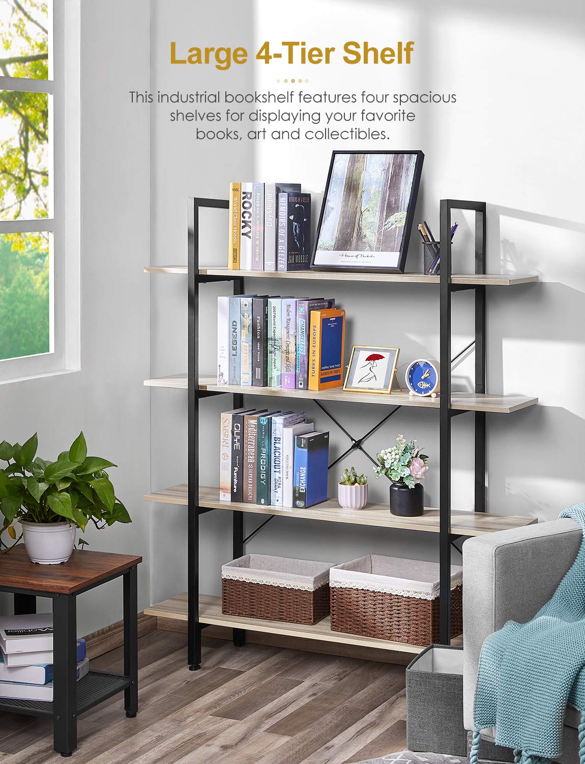 Buy Bookshelf Vintage Industrial 4 Tier Bookcase Solid Wood and Metal