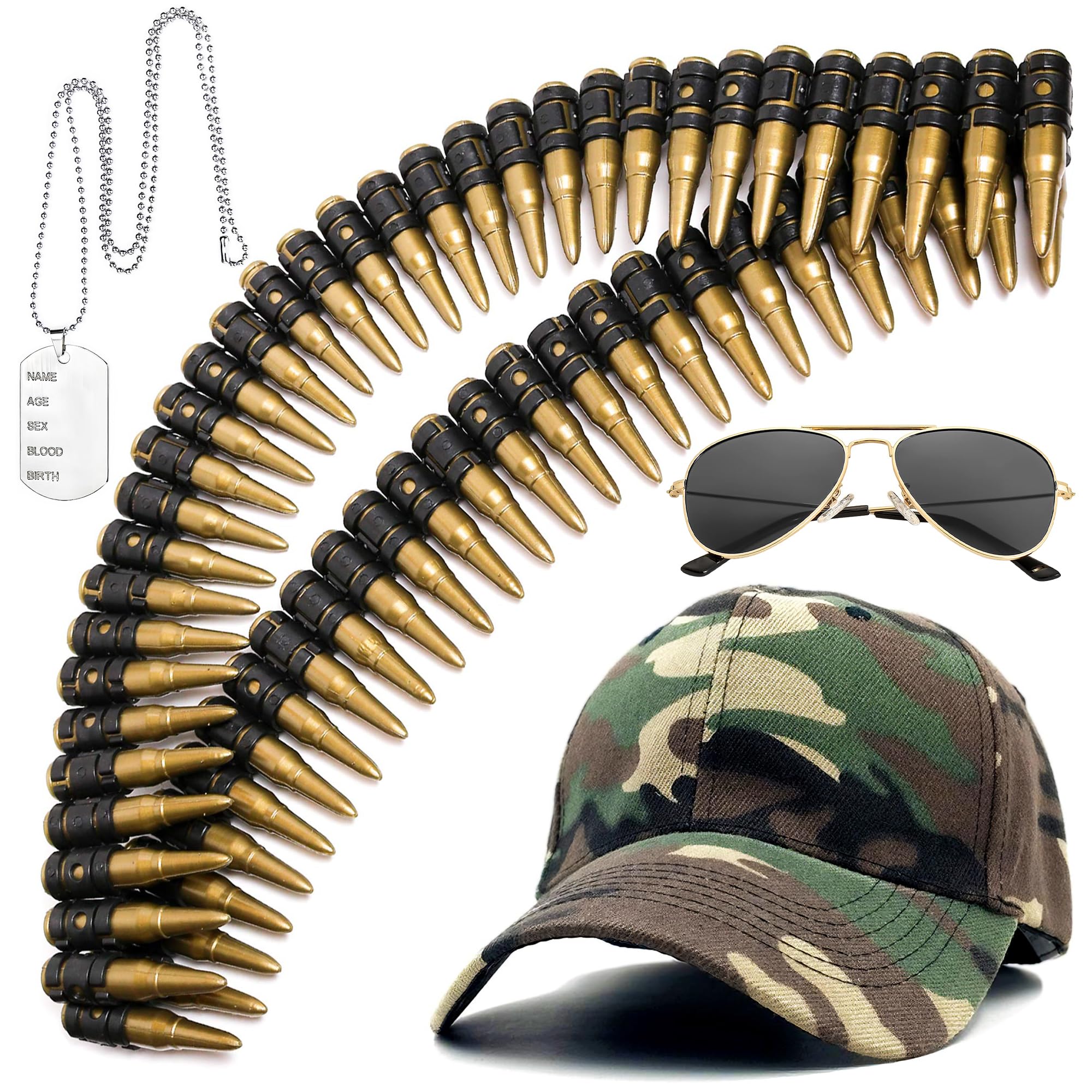 Amlisia Army Costume Accessories, Ammo Soldier Military Costume Accessories with Fake Bullet Belt Tag Necklace Camouflage Baseball Cap Sunglasses for Men Adults (Green)