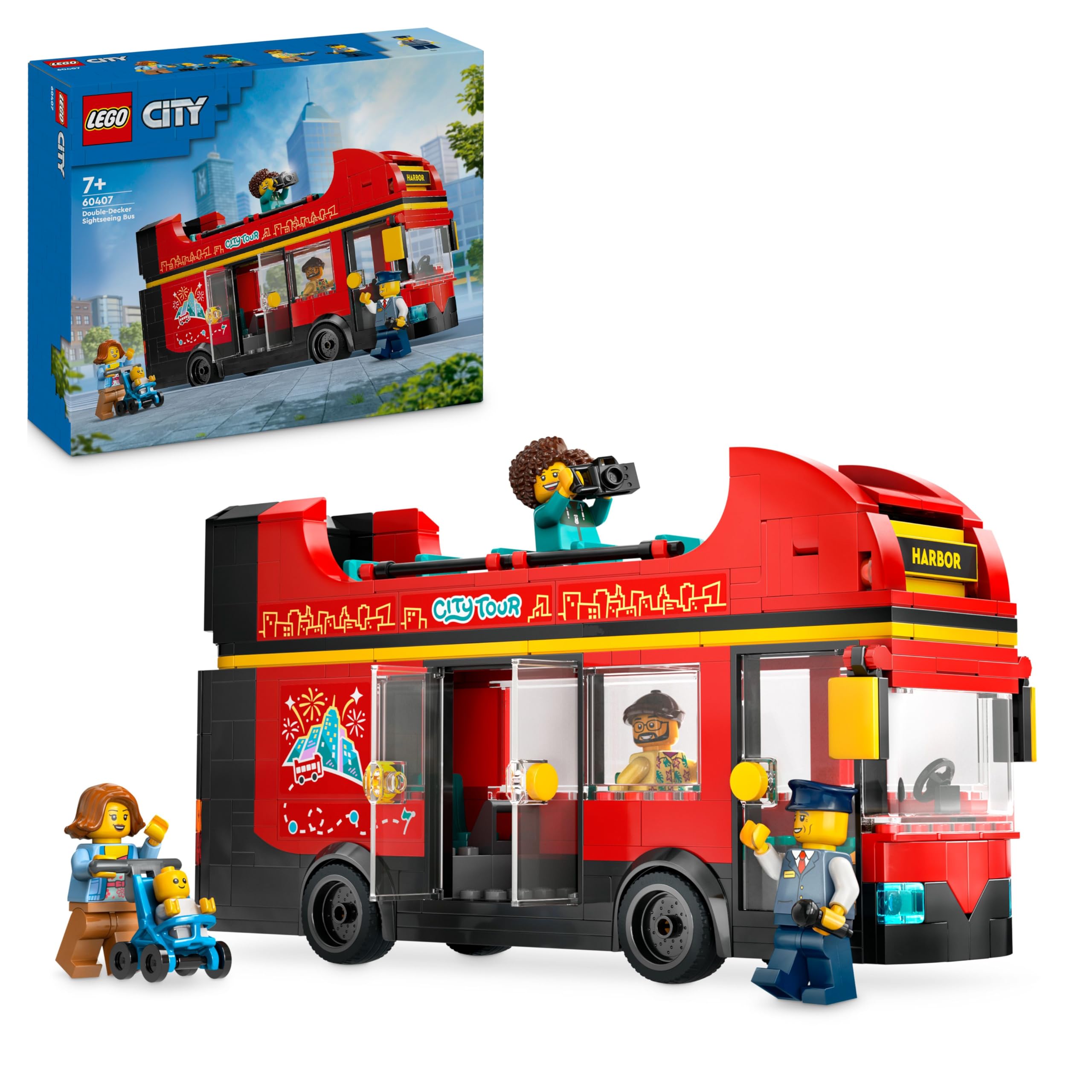 City Red Double-Decker Sightseeing Bus Toy, Red Vehicle for 7 Plus Year Old Boys & Girls, Creative Set with 5 Minifigures Including a Baby and Buggy, Birthday Gift Idea 60407