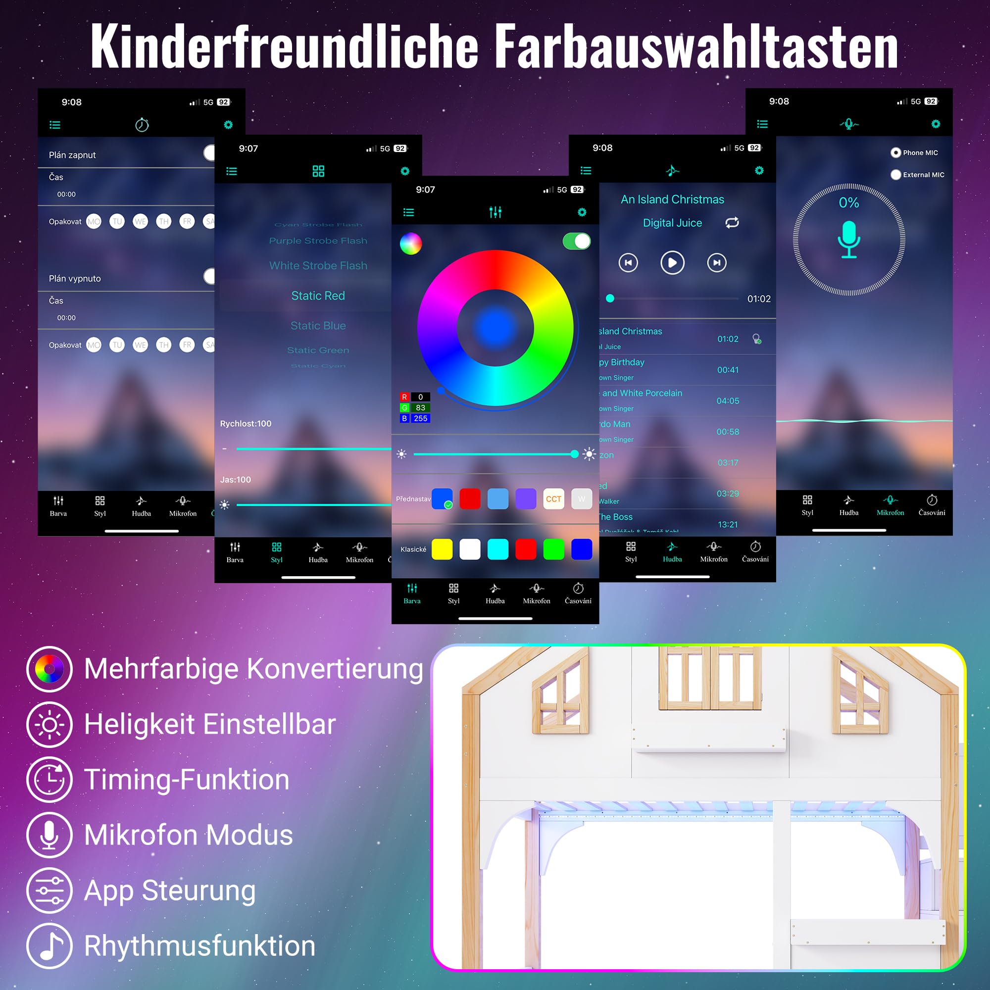 Haus-Etagenbett Kinderbett 90x200 cm mit LE/D Funktionen, Innovativer Stauraumtreppe, Fantasievollem Fenster-Design, Holz + MDF, Geeignet für 2 Kinder, Weiß + Natur