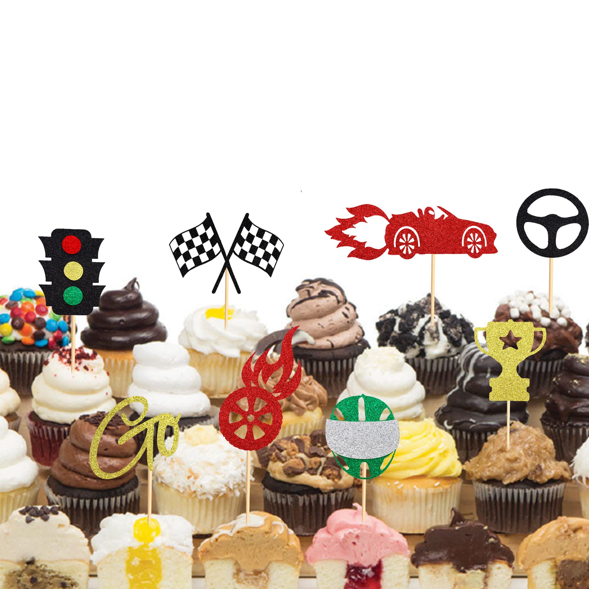 Gyufise 24 Stück Rennauto-Cupcake-Topper – Mit Glitzer-Ampel, Trophäe, Helm & Rennwagen, Für Rennsport-Partys