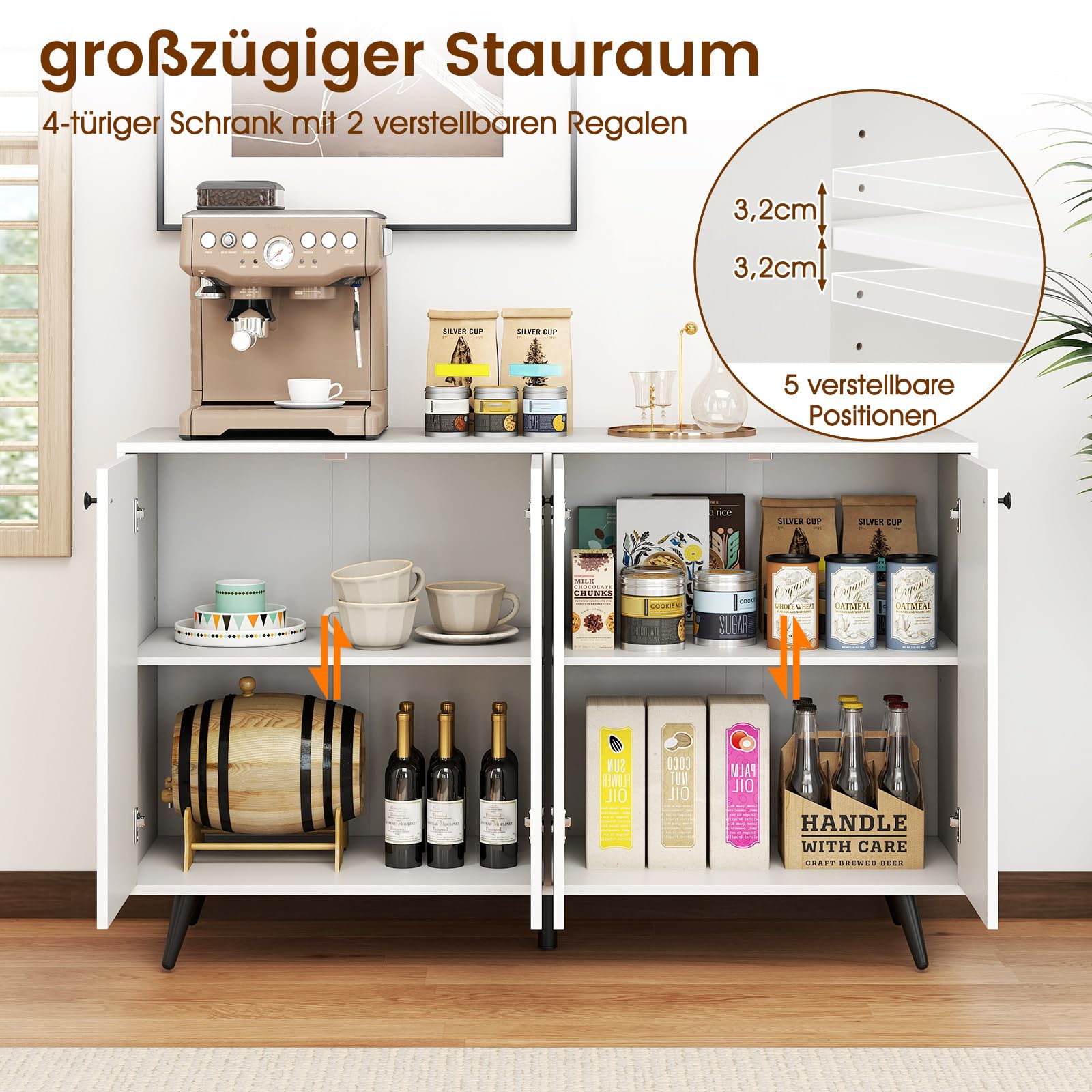 COSTWAY Sideboard Holz, Kommode mit 4 Türen & 5-Fach verstellbare Ablagen, Anrichteschrank Buffetschrank Küchenschrank, Schrank modern, für Wohnzimmer, Küche, Esszimmer, 127,5 x 38 x 80 cm, Weiß