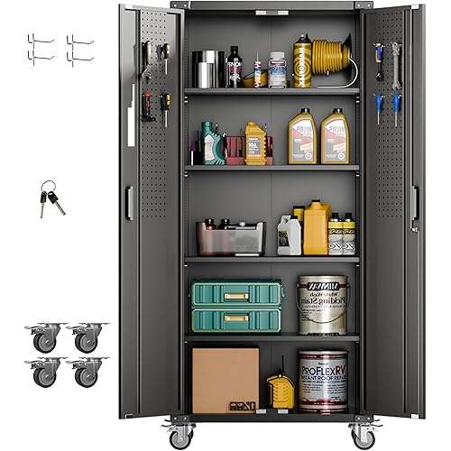 Aobabo Upgraded 72" H Garage Storage Cabinets with Wheels,Metal Storage Cabinets with Door Pegboard for Garage Home Office Storage,Assembly Required, Black
