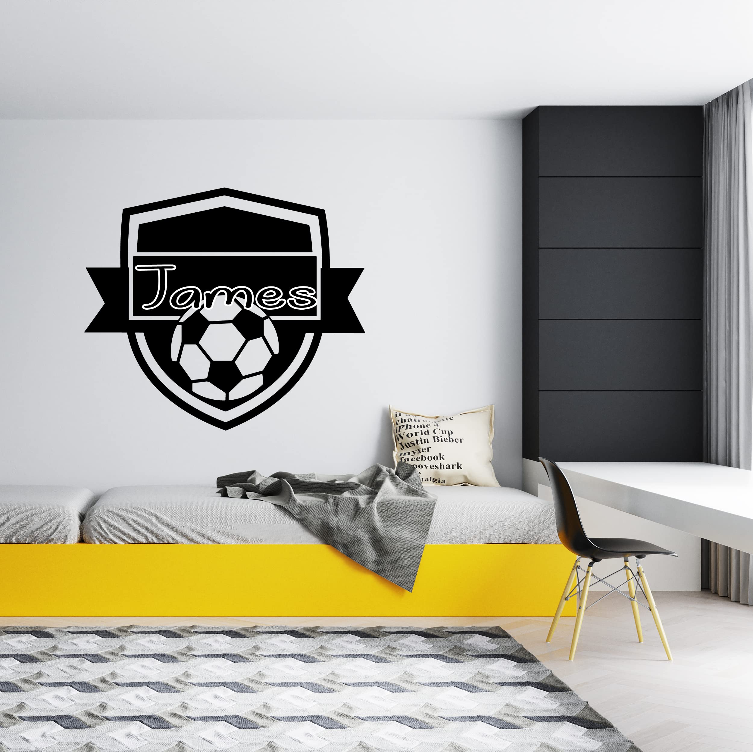 Personalized Decal with Ball and Shield - Easily-Applied Soccer Decor for Boys Room - Long-Lasting Soccer Wall Decor - Sports Decor Vinyl Sticker for Doors and Walls