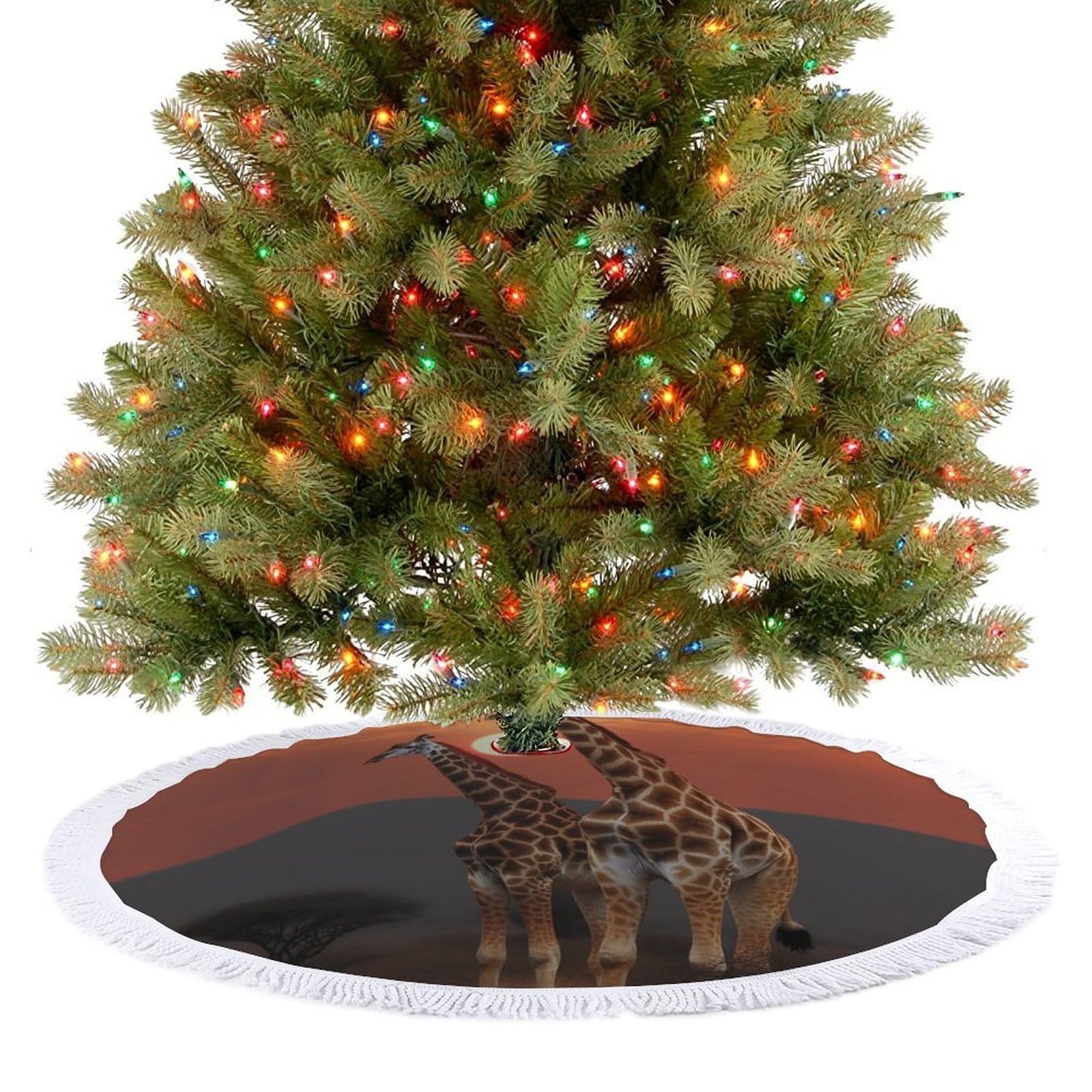 Giraffe at Sunset Christmas Tree Skirt 30"x30" Rustic Xmas Tree Mat with Tassel Ornament Christmas Trees Cover Skirt Mat for Evergreen Trees Ornament Winter Holiday Mats Decorations