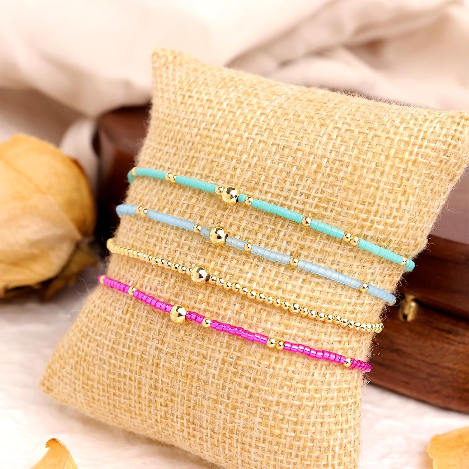 Gold Colorful Bead Bracelet Stack Set for Women, 4pcs Trendy Handmade Adjustable Gemstone Beaded Elastic Stretch Bracelet Friendship Fashion Jewelry Gift. - Image 6
