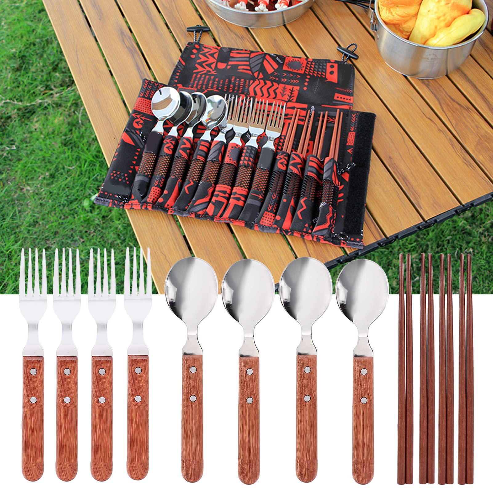 Besteckset aus Edelstahl mit Holzgriff, 12-teilig, für 4 Personen, 4 Gabeln, 4 Löffel, 4 Paar Essstäbchen mit Oxford-Tragetasche, tragbares Picknick- und Campinggeschirr