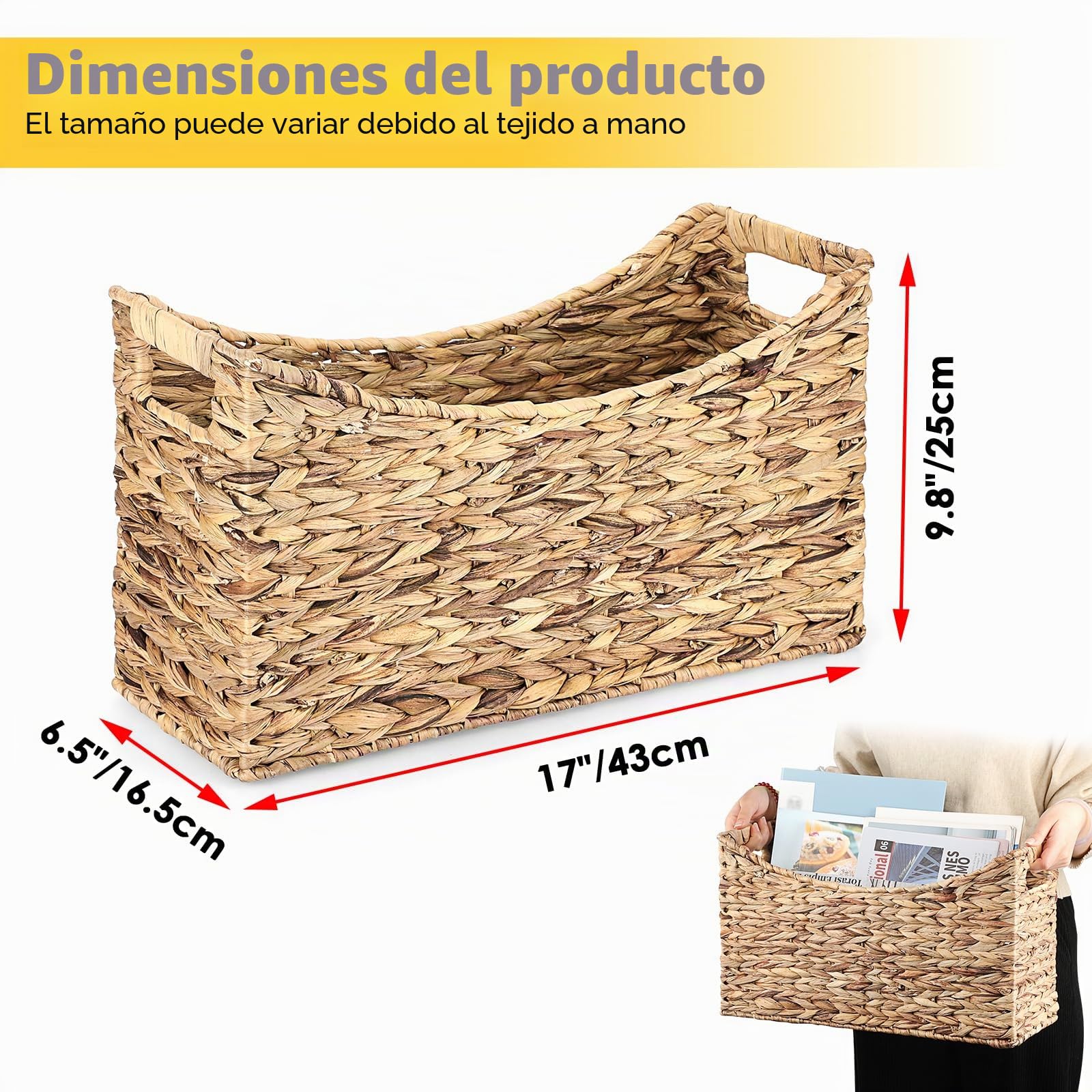 Revistero estable de jacinto de agua, cesta de almacenamiento tejida, soporte para archivos con asa, cesta de mimbre para libros, revistas, papeles como regalo, decoración 43 x 16 x 25 cm