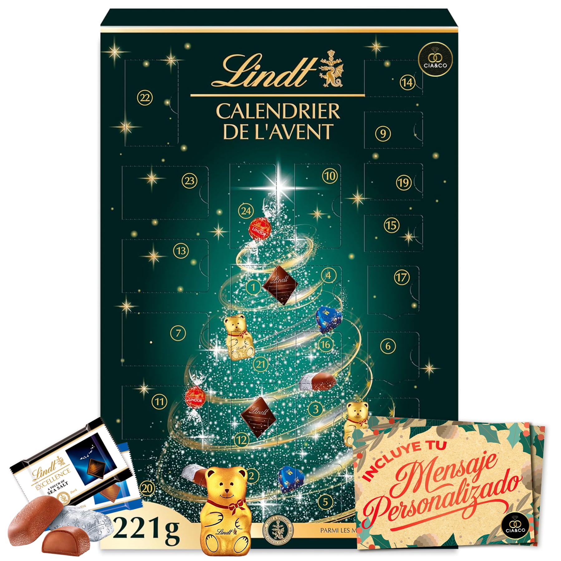 Calendrier de l’Avent LINDT 2025 Arbre de Noël · 24 Chocolats Suisses Lindor & Excellence · Assortiment Gourmet avec Ours, Cœurs & Pralinés · Carte Personnalisable Cia&Co 221 g · Cadeau de Noël Élégan