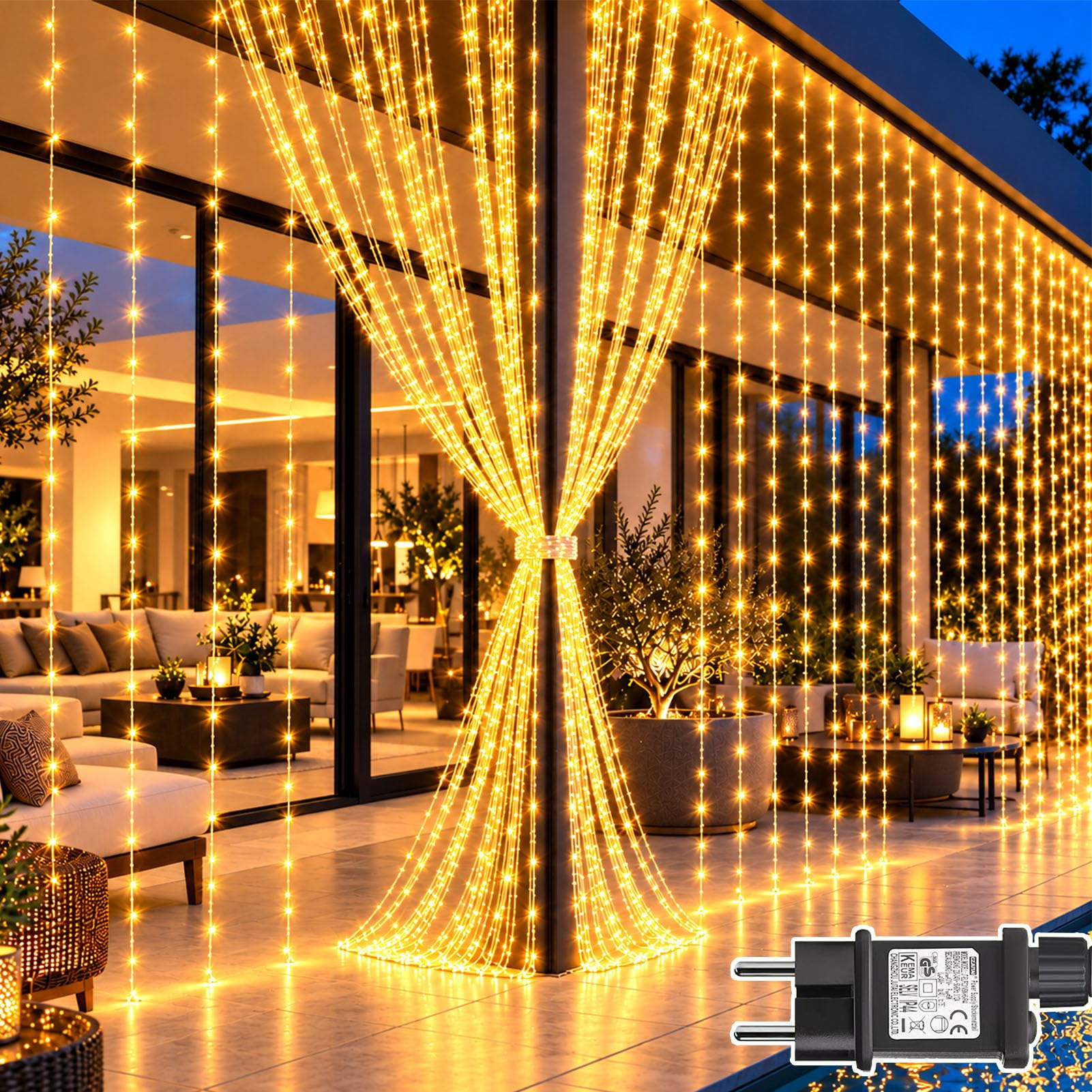 Dekofun Tenda Luminosa con Presa, 6Mx3M 600LED, Bianco Caldo | IP65 impermeabile, timer e 8 modalità, catena luminosa per esterno interno casa balcone giardino matrimonio terrazzo
