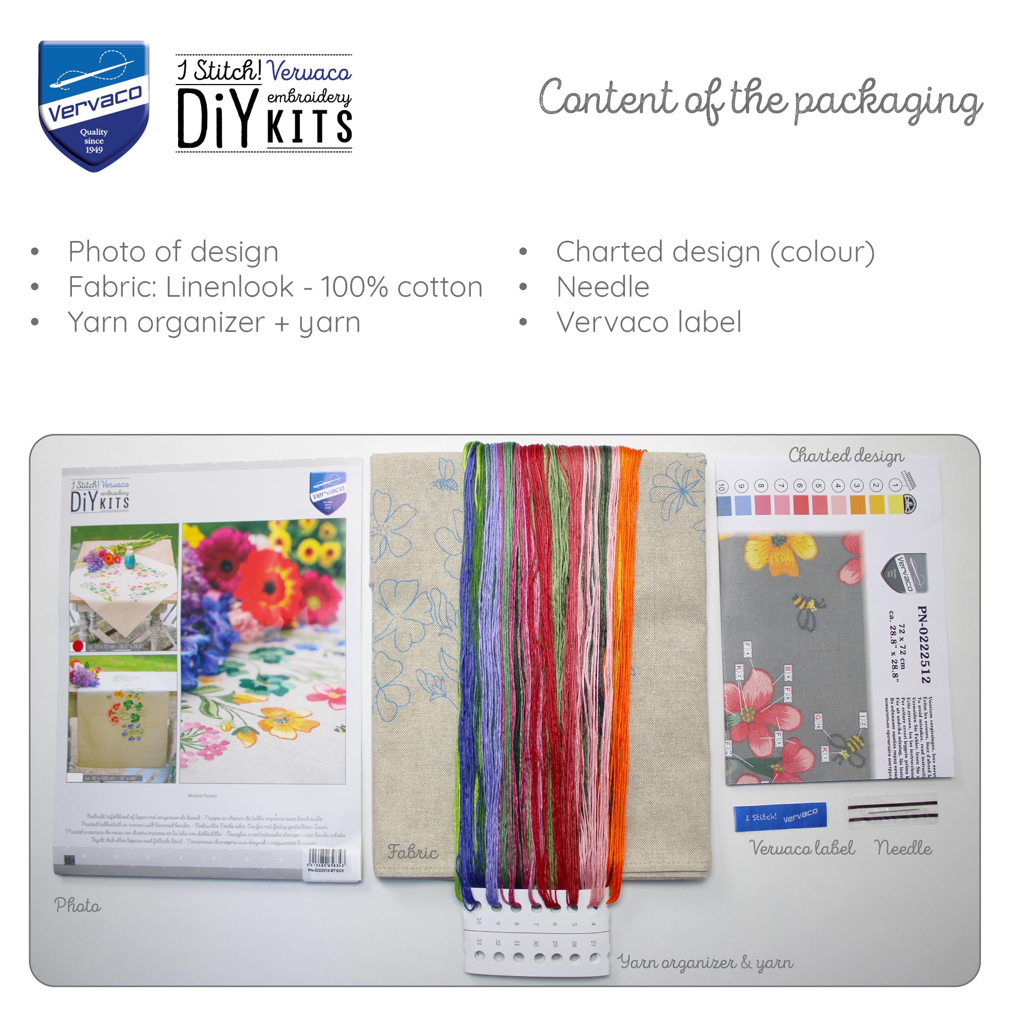 Vervaco Kit Bordado Mantel Set Completo Bordado Tela Impresa FLORES DE CAMPO Decoracion Para Manualidades Principiantes Completo DIY Adultos Set Creativo Regalo 72 x 72 cm Embroidery