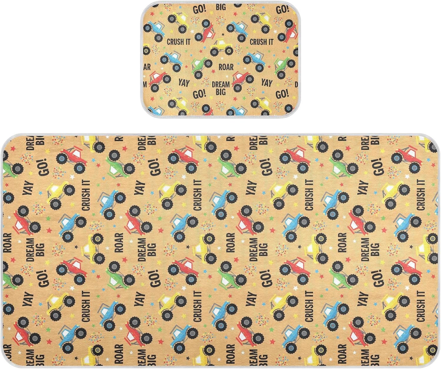 Baby Cooling Mat Colorful Monster Trucks Ice Silk Breathable Mesh Summer Crib Mattress Pad with Pillowcase, Soft Cooling Sleeping Surface for Infant & Toddler, 52"x28"