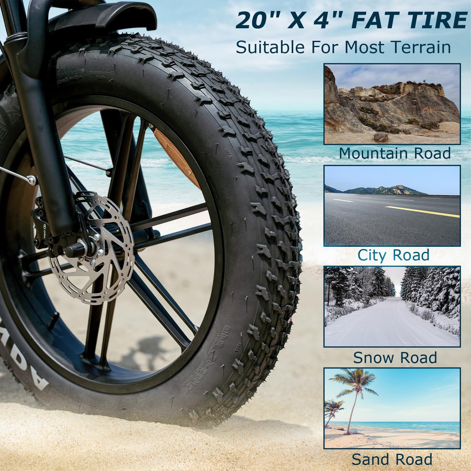 20x4.0 inch fat tire suitable for various terrains including mountain, city, snow, and sand roads
