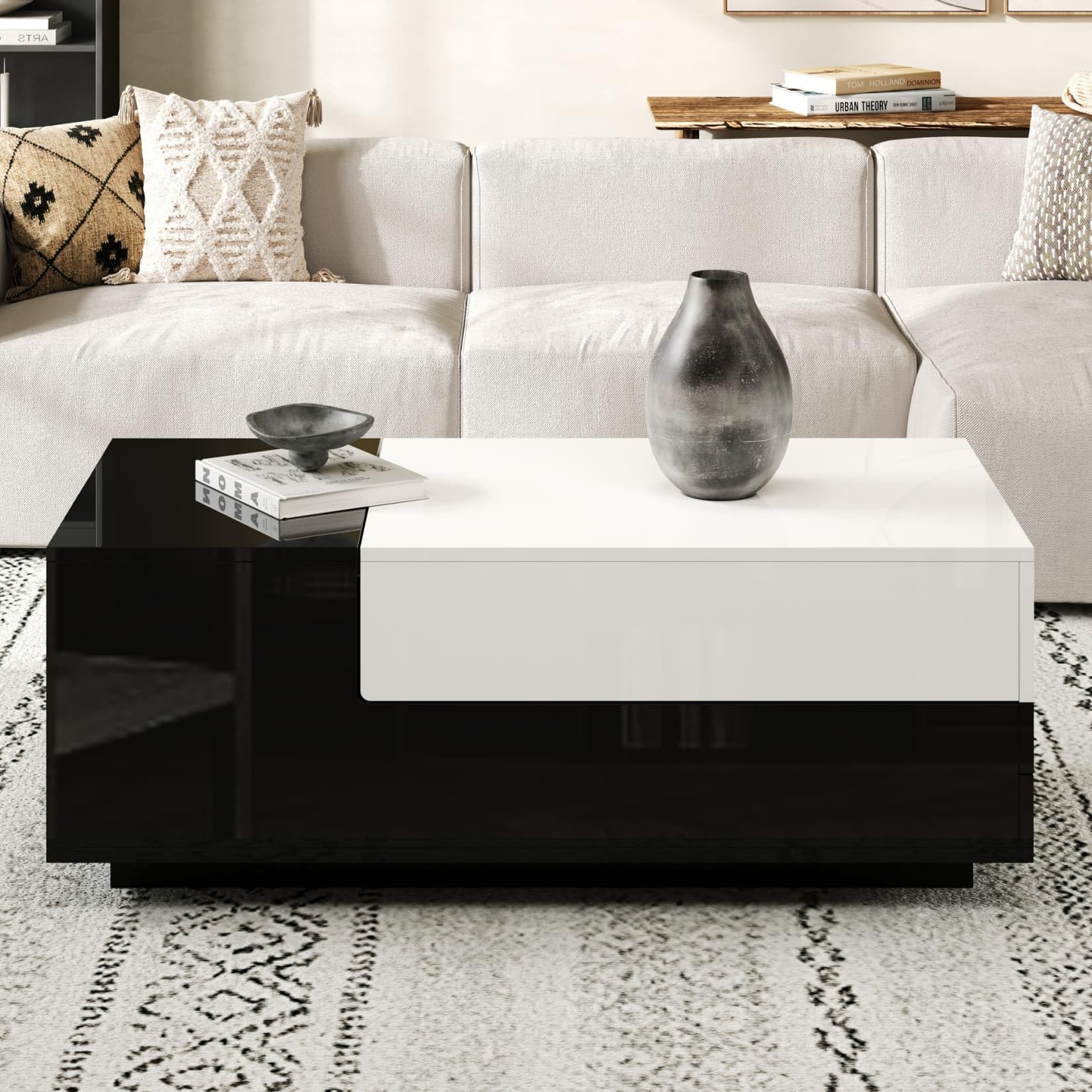 Table Basse Salon Blanche Extensible 100x50x38cm,Table d'appoint Brillante avec Plateau Coulissant,Tiroir,Grand Espace de Stockage,pour Salon (B-Noir)